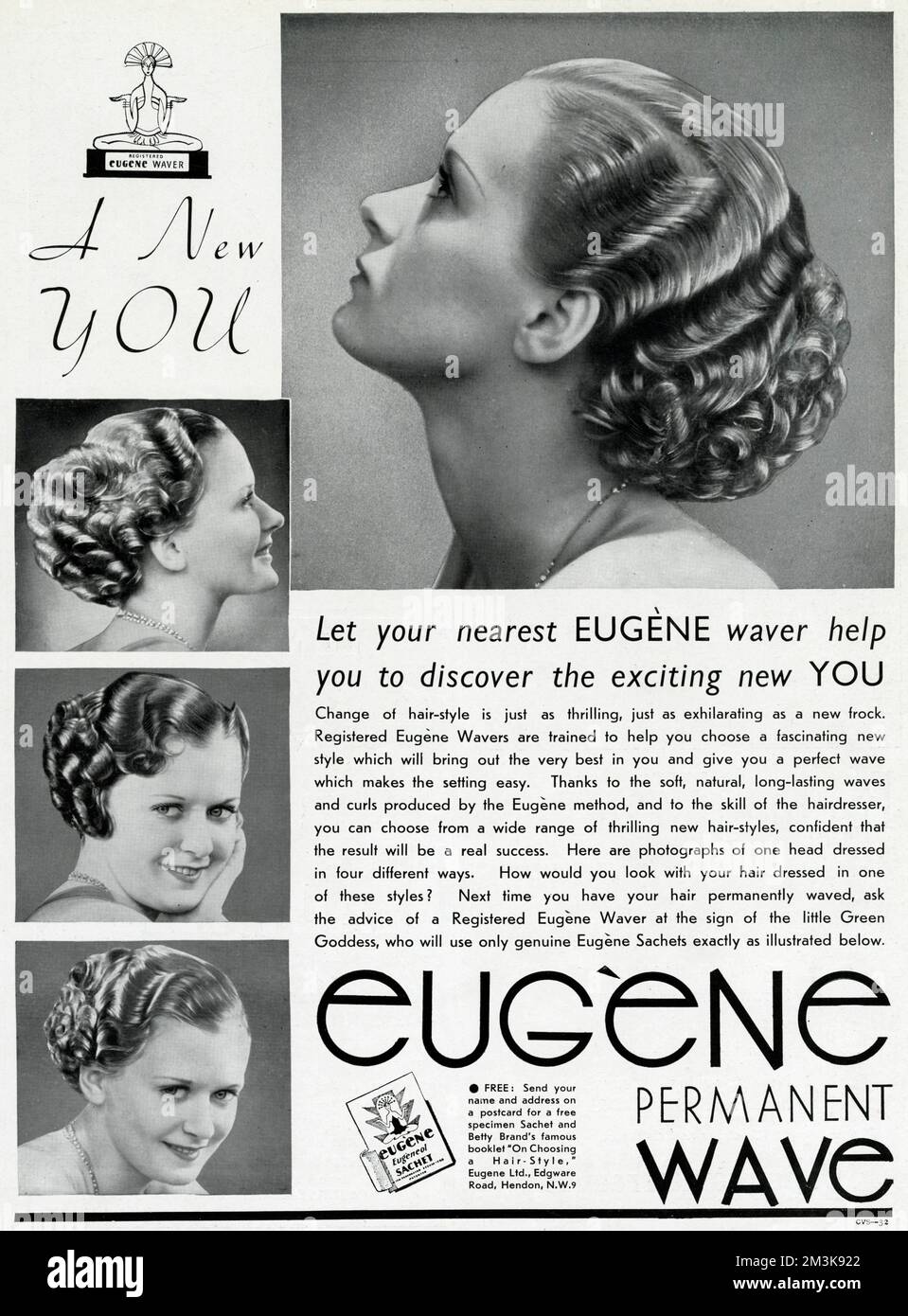 'A new you', Thanks to the soft, natural, long-lasting waves and curls produced by the Eugene method, and to the skill of the hairdresser, you can choose from a wide range of thrilling new hair-styles, confident that the result will be a real success  1937 Stock Photo