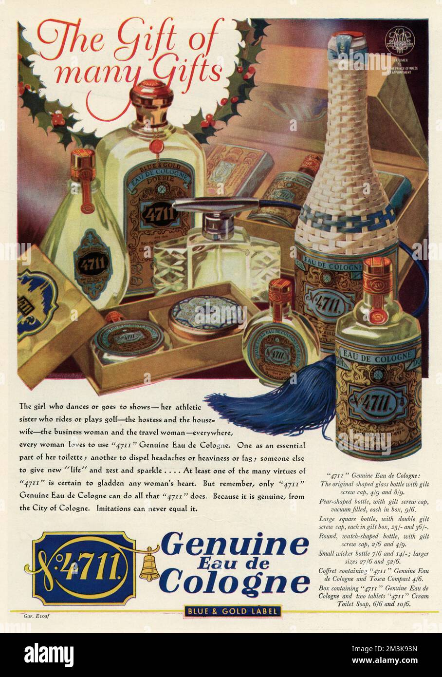 'The gift of many gifts'. Genuine 4711 Eau de Cologne, blue &amp; gold label.  1934 Stock Photo