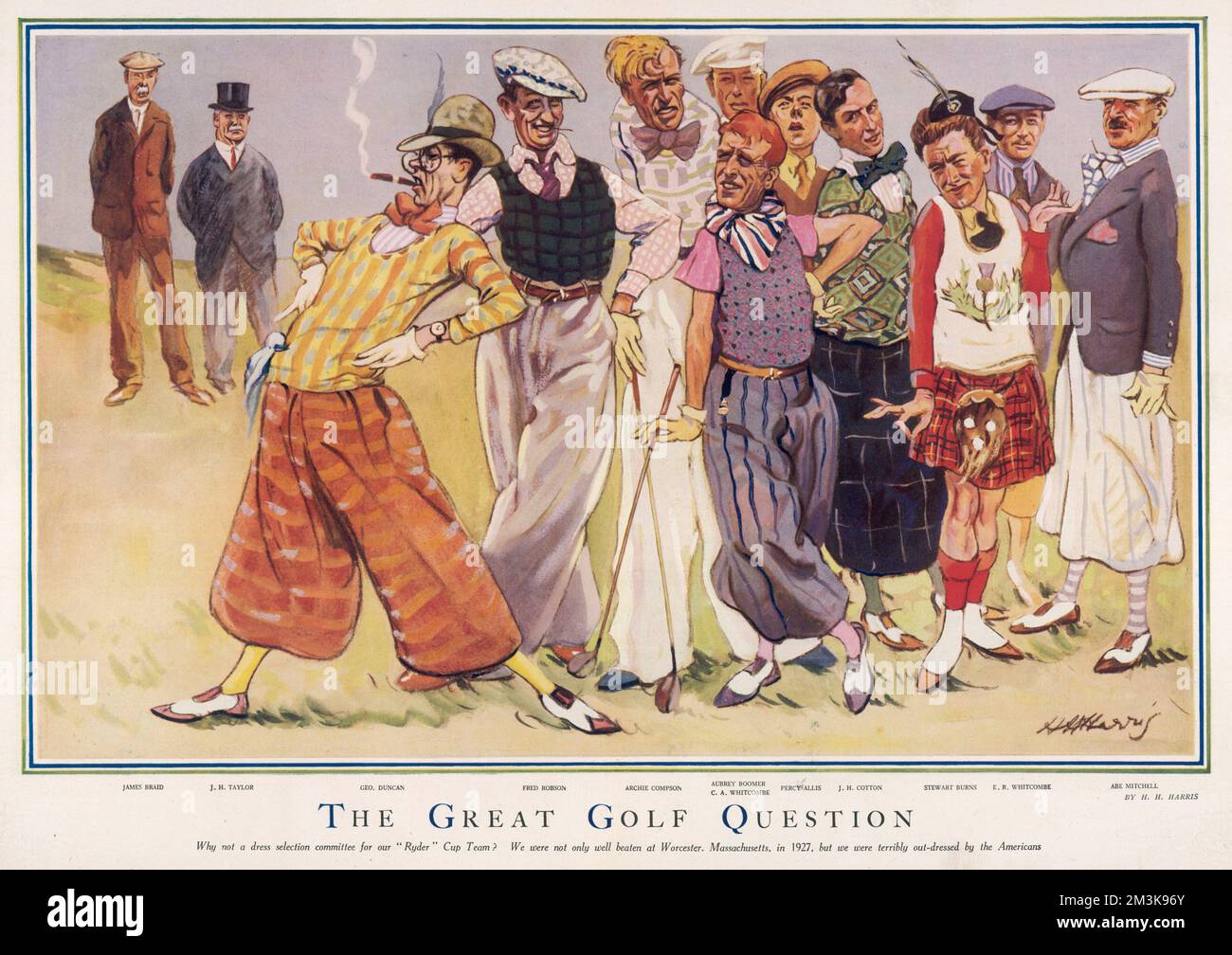 Cartoon lampooning the  flamboyant and outlandish  golf fashions of the day.   Golfers featured include James  Braid, J.H. Taylor, George  Duncan, Fred Robson, Archie      Date: 24 April 1929 Stock Photo