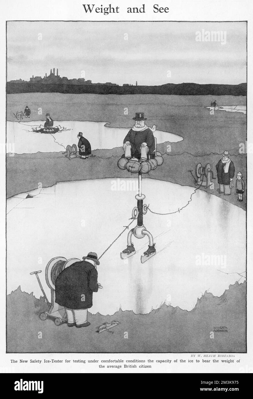 The New Safety Ice-Tester for  testing under comfortable  conditions the capacity of the  ice to bear the weight of the  average British citizen.     Please note: Credit must appear as  Courtesy of the Estate of Mrs J.C.Robinson/Pollinger Ltd/ILN/Mary Evans     Date: 4 January 1928 Stock Photo
