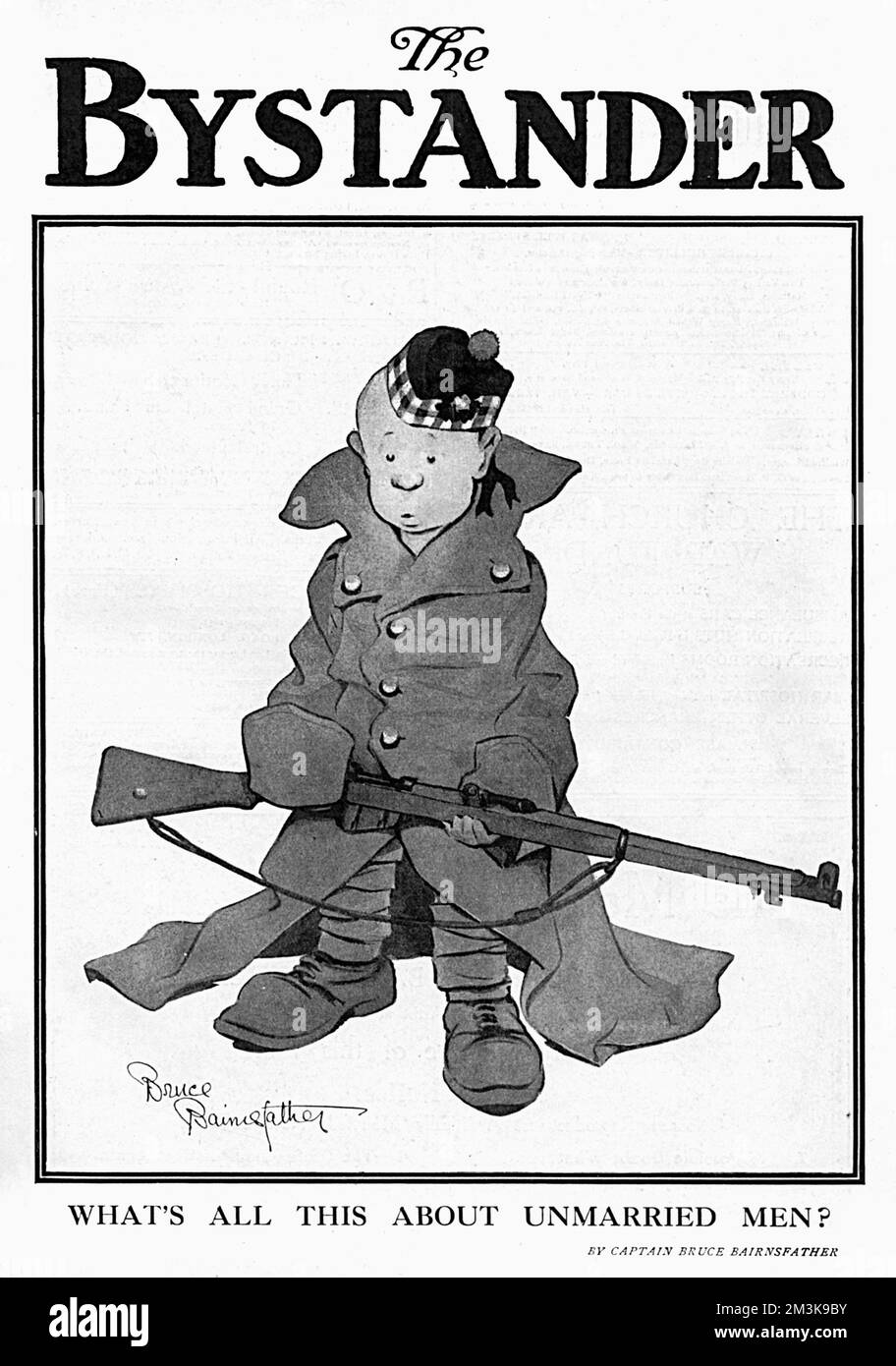 Humorous illustration depicting an extremely youthful soldier, a comment on the number of underage recruits joining up during World War I. Underage enlisters were fairly commonplace and if bigger than average, most recruiting officers would turn a blind eye.  1916 Stock Photo