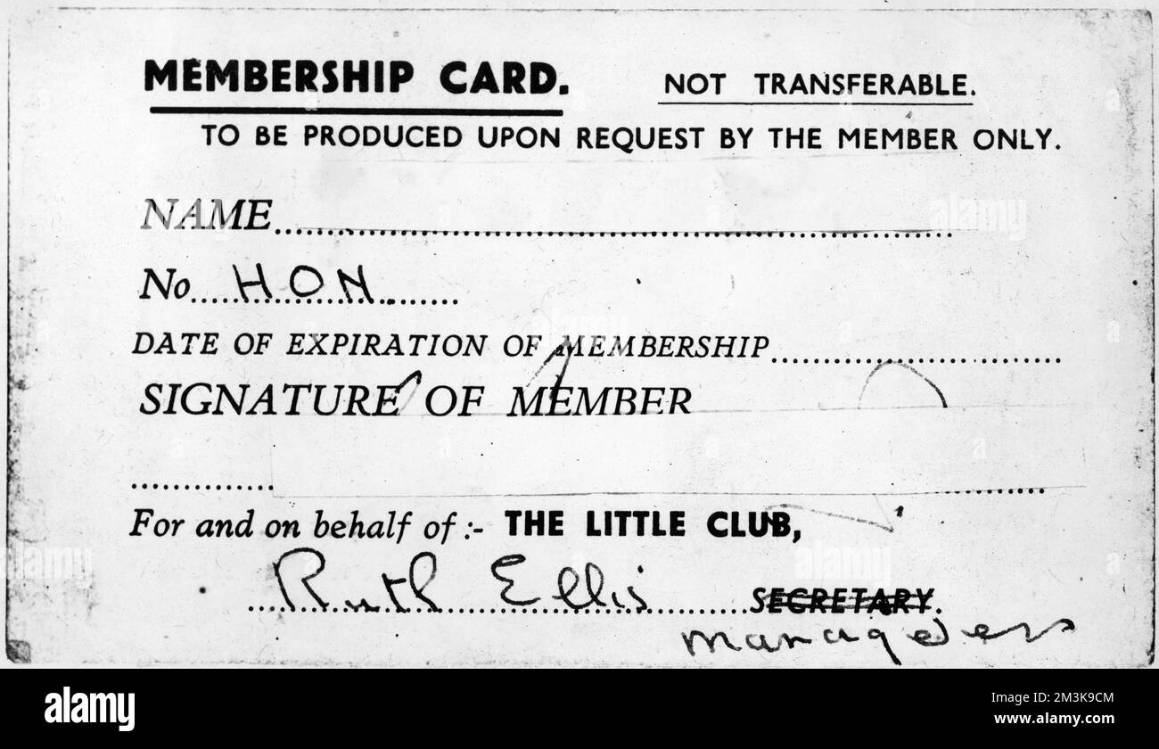 Signature of Ruth Ellis on a Little Club Membership Card of which she was manageress. She was also the last woman to be hanged in Britain. Stock Photo