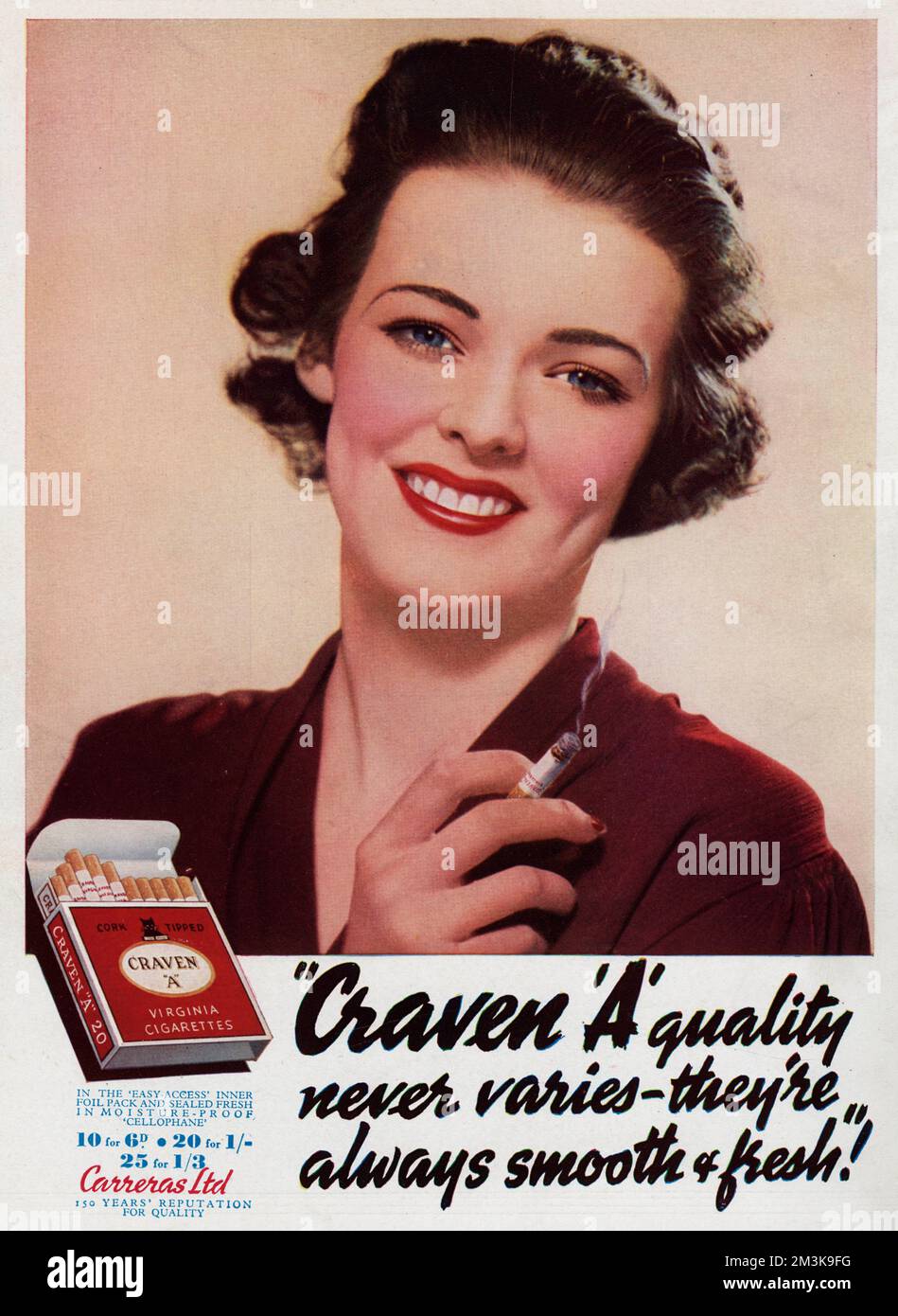 Craven A cigarettes - quality never varies they're always smooth and fresh!      Date: 1937 Stock Photo