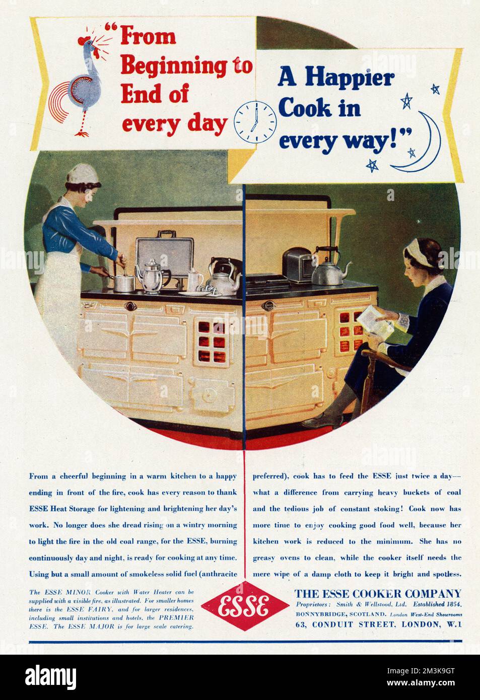 'From beginning to end of every day, a happier cook in every way!'    From a cheerful beginning in a warm kitchen to a happy ending in front of the fire, every reason to thank Esse heat storage for lightening and brightening her day's work.     Date: 1938 Stock Photo
