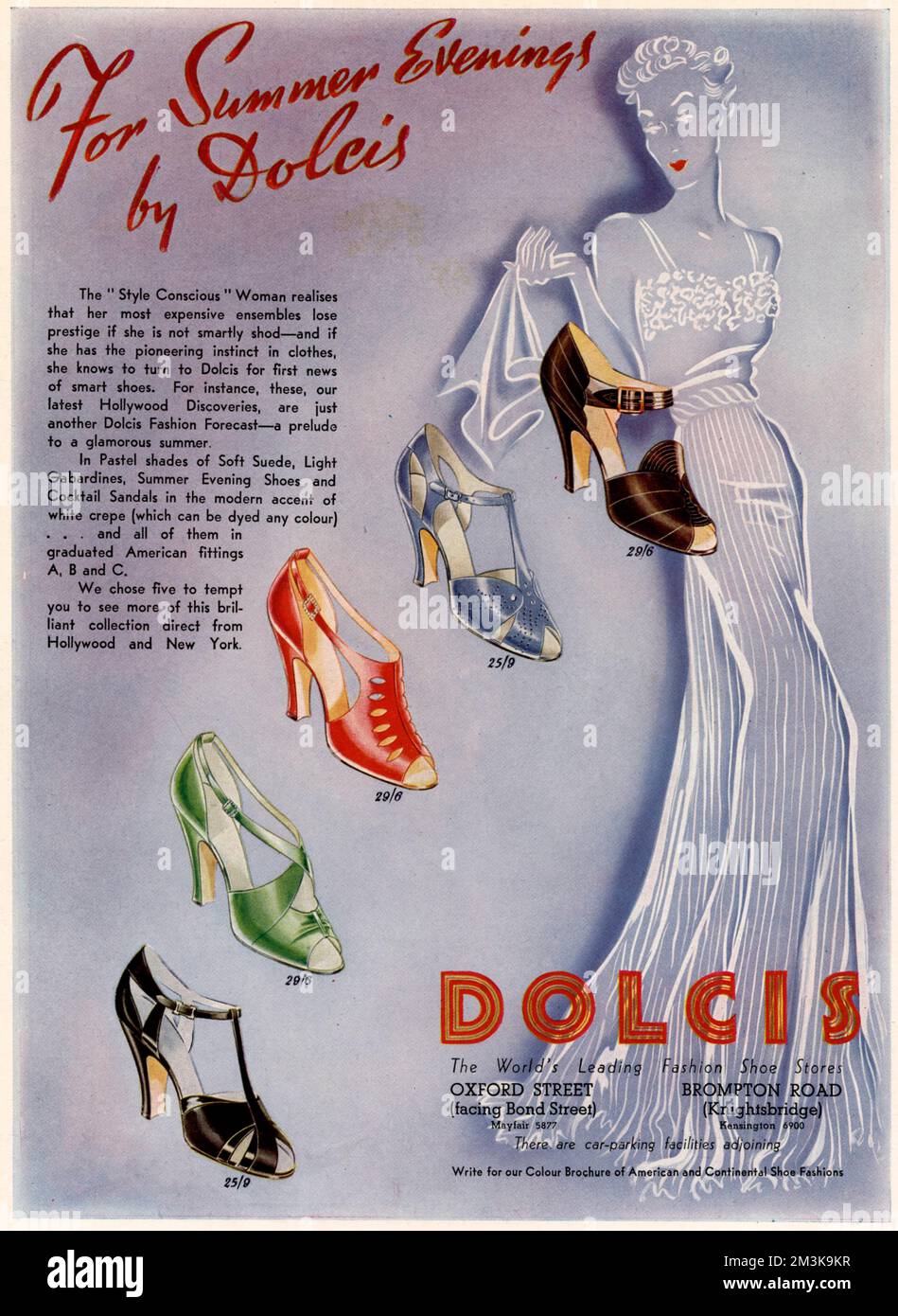 An advertisement for Dolcis  shoes including a selection of  high heeled peep toe sandals  in various colours.    1937 Stock Photo