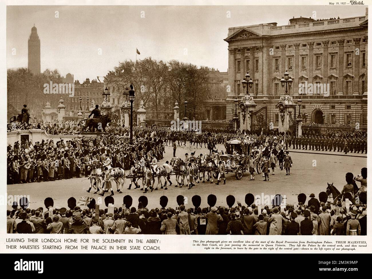 Start of the Royal Procession leaving Buckingham Palace in the State Coach en route to Westminster Abbey.     Date: 12 May 1937 Stock Photo