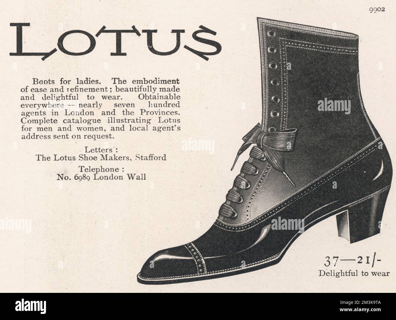 Advertisement for ladies'  boots, &quot;the emodiment of ease  and refinement, beautifully  made and delightful to wear&quot;  manufactured by Lotus of  Stafford.     Date: 1912 Stock Photo