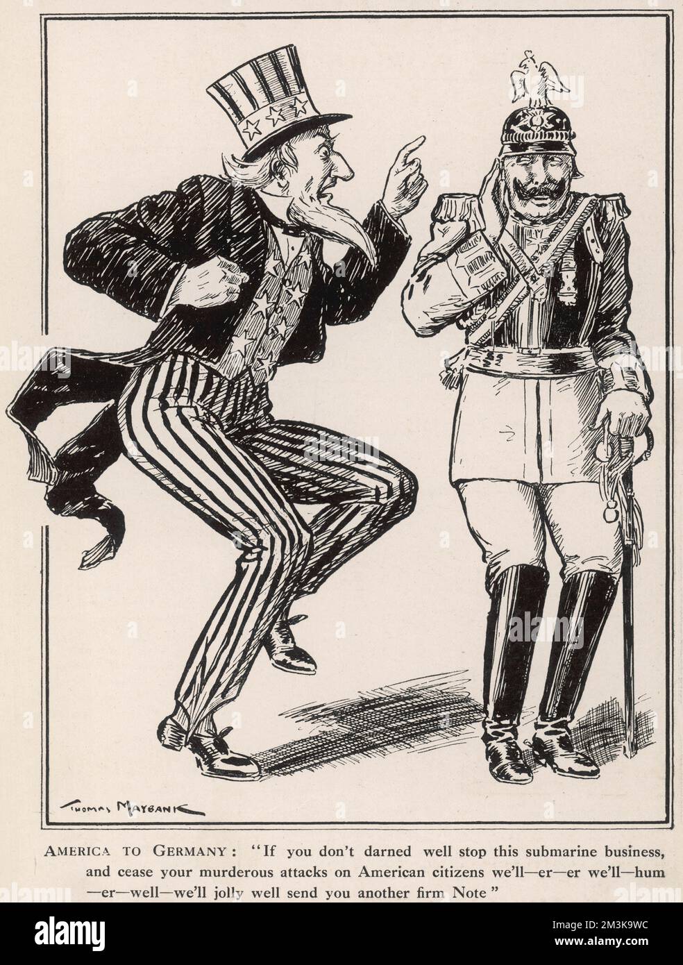 Satirical cartoon showing the United States of America feebly