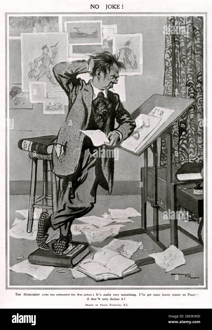A humorous artist, stumped for further jokes on the subject of the First World War, wishes that peace would be declared so he could submit some of his new ideas.     Date: 1916 Stock Photo