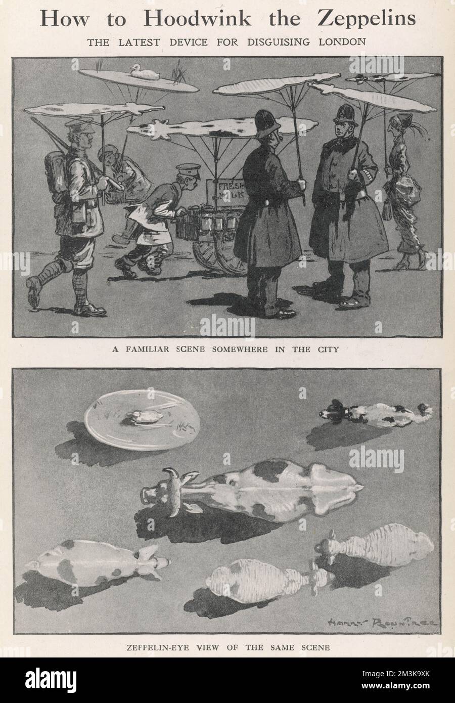 The latest device for disguising London from roving Zeppelins during World War One - ingenious umbrellas in the shape of various animals.     Date: 1914 Stock Photo