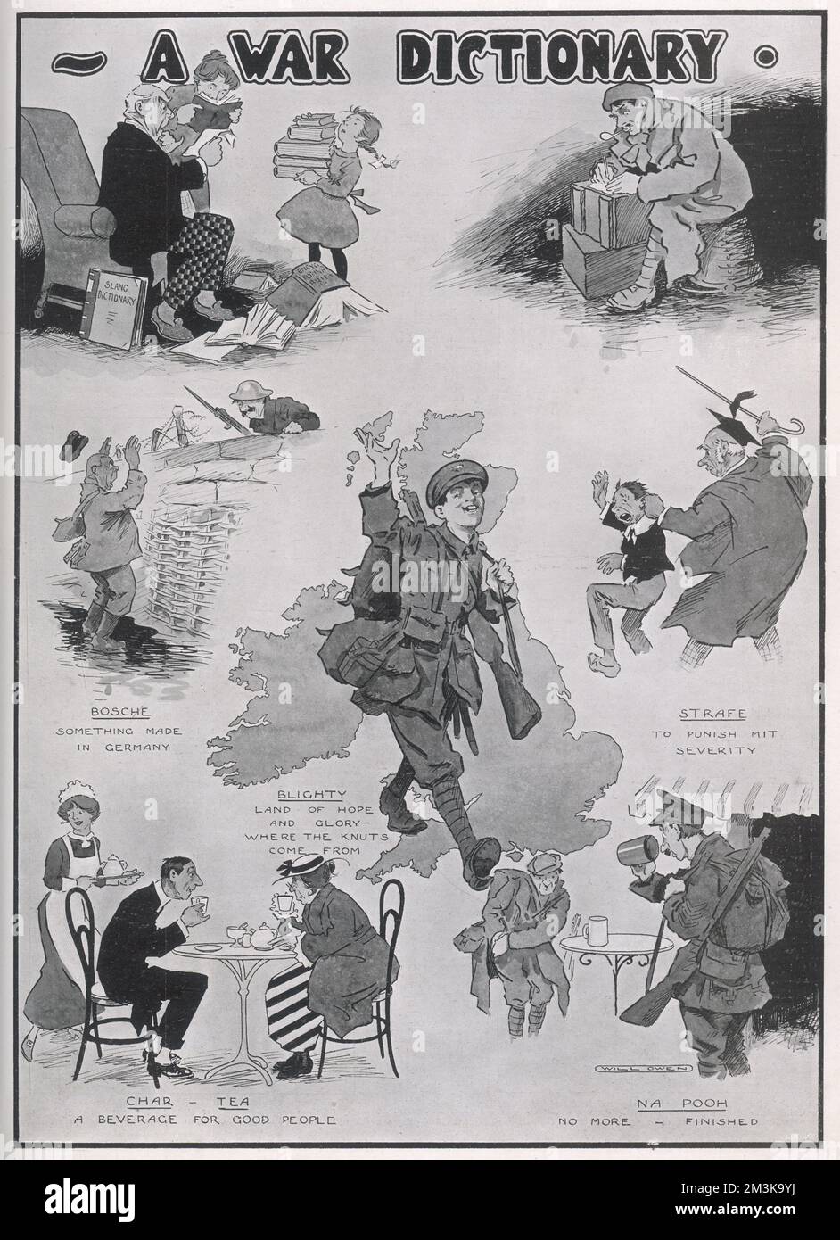 Cartoon by Will Owen guiding readers through a number of war-influenced expressions such as 'strafe' (punish), 'blighty' (Britain), which, during the First World War, became part of the nation's lexicon. Other words include 'char' for tea, 'Bosche' for the Germans (also known Fritz or Jerry) and 'Na Pooh' meaning no more, or finished. Some of the slang terms originating during the Great WAr are still used in modern-day vernacular. Stock Photo
