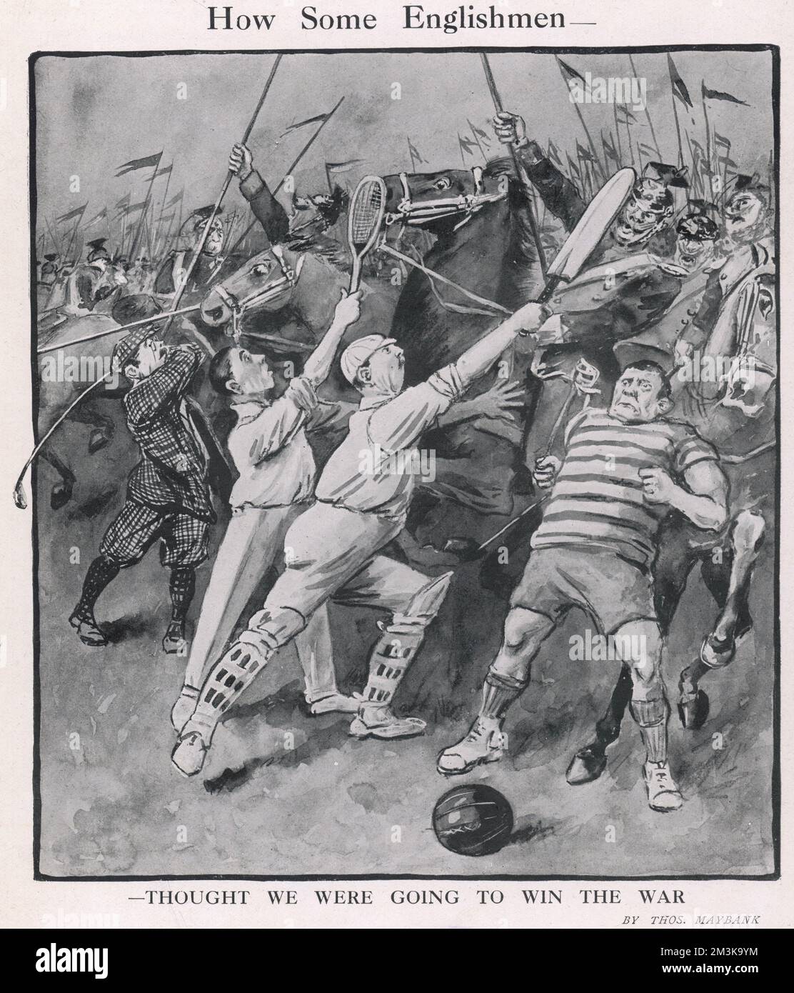 Humorous cartoon showing Englishmen, armed with cricket bats, golf clubs and rugby balls giving the Hun a good thrashing - a satirical view on how some thought World War One could be won in the opening months of the conflict.     Date: 1914 Stock Photo