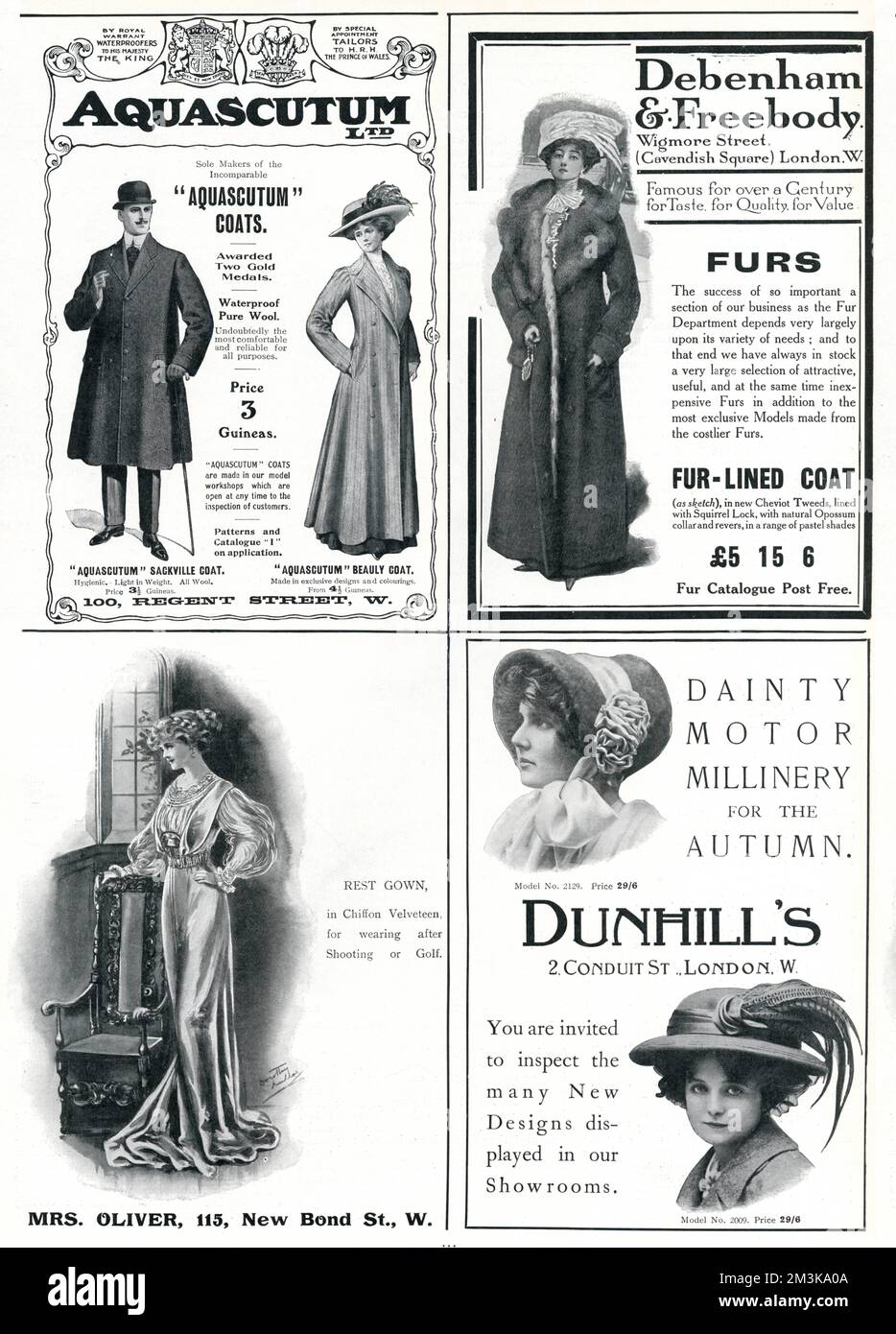 Page of four fashion adverts for clothing, for Autumn, in The Tatler, October 1909. Aquascutum Ltd, waterproof pure wool coats for men and women.  Debenham & Freebody, fur-lined coat with squirrel. Mrs. Oliver, chiffon Velveteen gown. Dunhills, danity motoring hats.       Date: 1909 Stock Photo