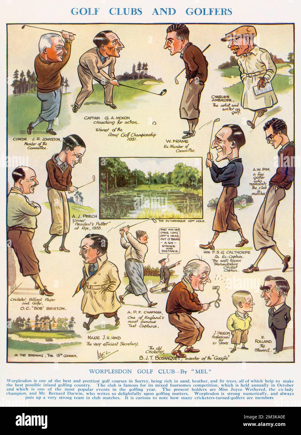 Worplesdon golf course 'one of  the prettiest golf courses in  Surrey' with caricatures of  various members including  Captain G.A. Moxon and A.P.F.  Chapman.     Date: 1934 Stock Photo