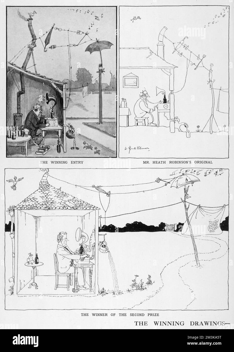 Cartoon, winning entries in  the drawings by wireless  competition. First prize won  by Mr. Henry Bankes who won  ten guineas.   Please note: Credit must appear as  Courtesy of the Estate of Mrs J.C.Robinson/Pollinger Ltd/ILN/Mary Evans  1923 Stock Photo
