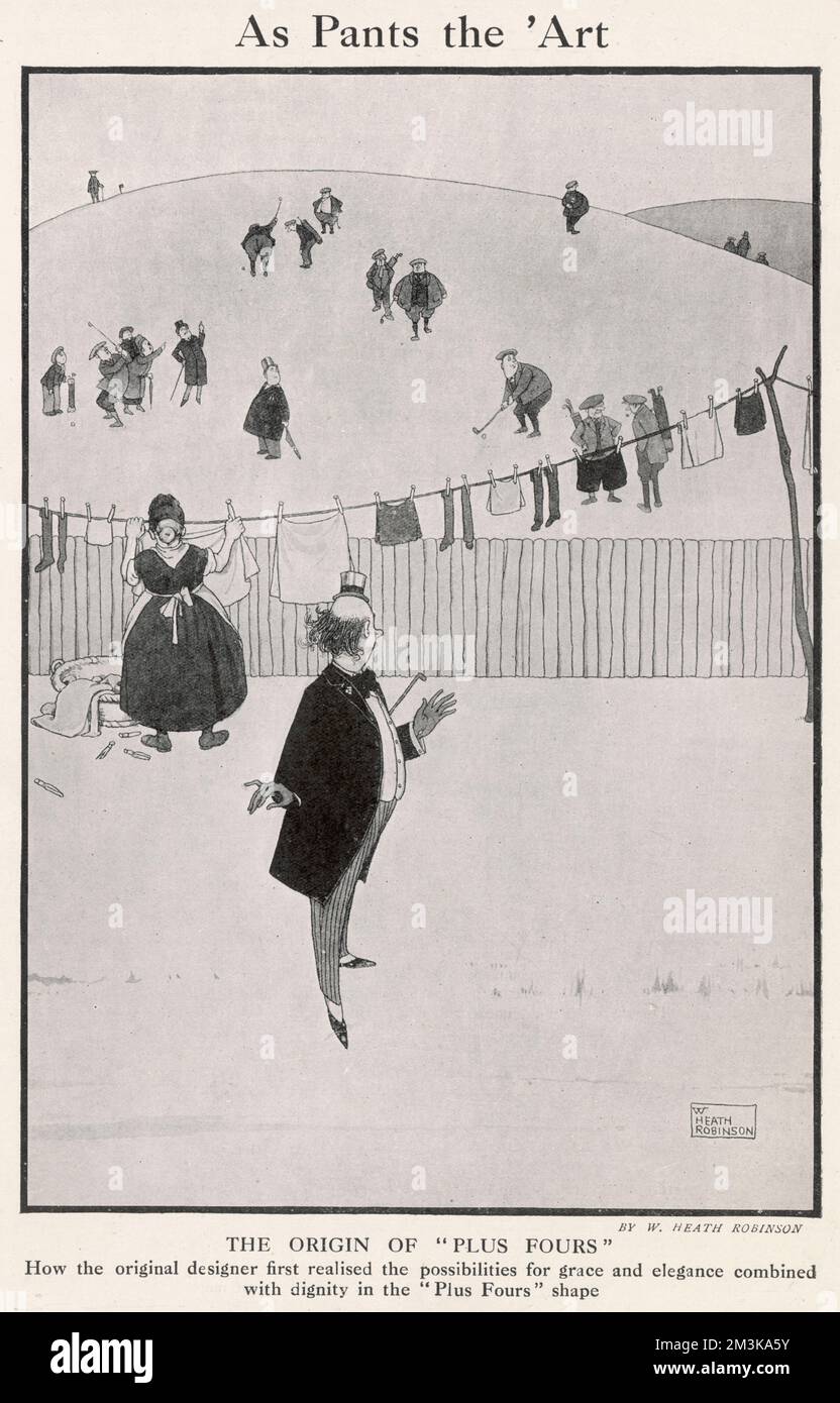 Cartoon, As Pants the Art. The origins of the design of plus four trousers as a man sees golfers playing golf behind a woman hanging out washing on a washing line.       Date: 1923 Stock Photo