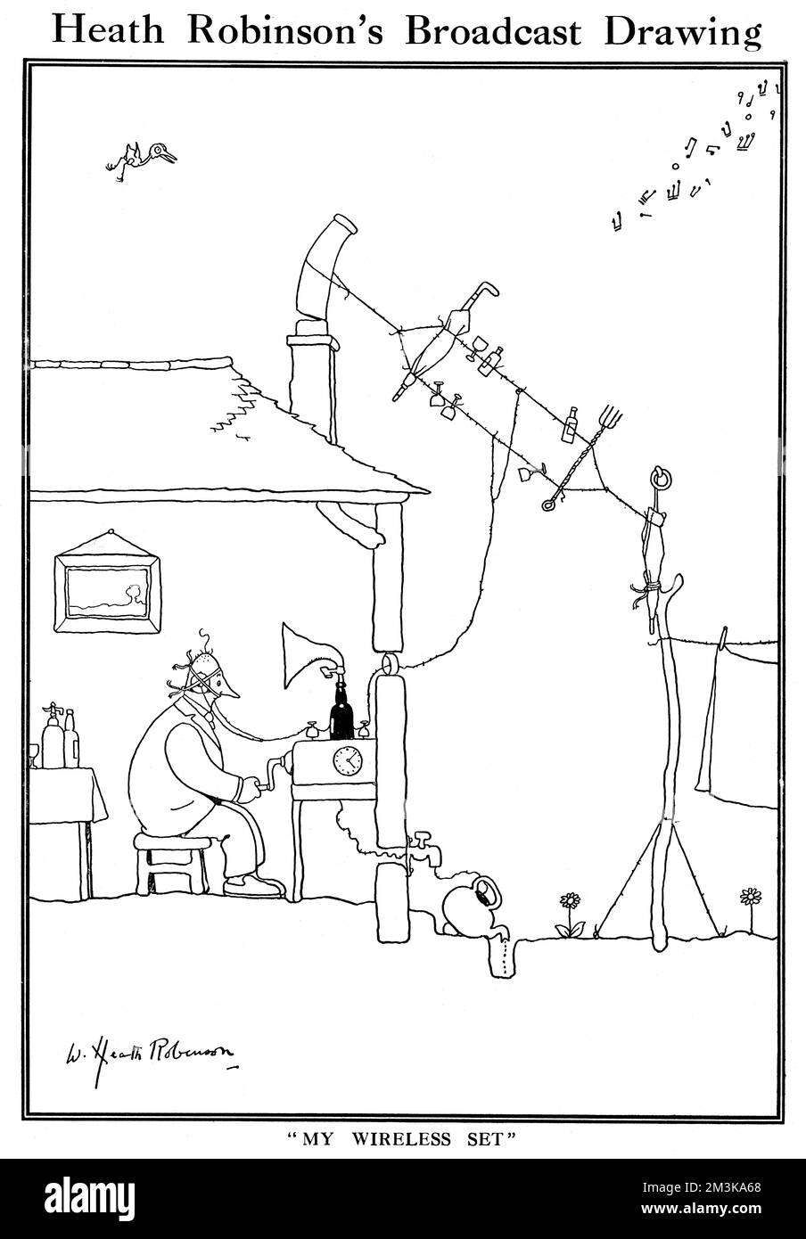 Cartoon, Heath Robinson's  Broadcast Drawing. My Wireless  Set showing an old radio.     Please note: Credit must appear as  Courtesy of the Estate of Mrs J.C.Robinson/Pollinger Ltd/ILN/Mary Evans  1923 Stock Photo