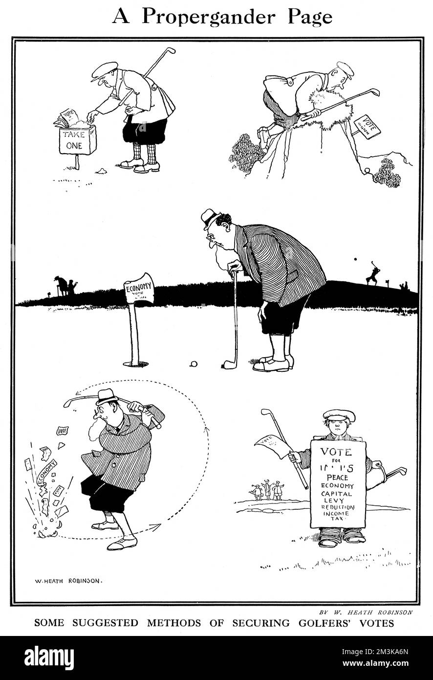 Some suggested methods for  securing golfers' votes while  they are playing golf.    Please note: Credit must appear as  Courtesy of the Estate of Mrs J.C.Robinson/Pollinger Ltd/ILN/Mary Evans  1922 Stock Photo