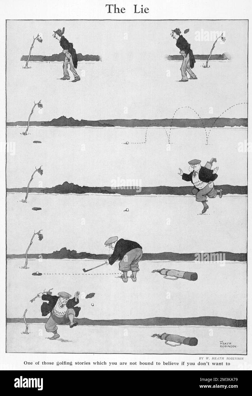 Cartoon, The Lie. One of those golfing stories that you are not bound to believe if you don't want to.  A golfer mistakes the top of a  hat from a tramp for the hole when playing golf.    Please note: Credit must appear as  Courtesy of the Estate of Mrs J.C.Robinson/Pollinger Ltd/ILN/Mary Evans     Date: 1926 Stock Photo