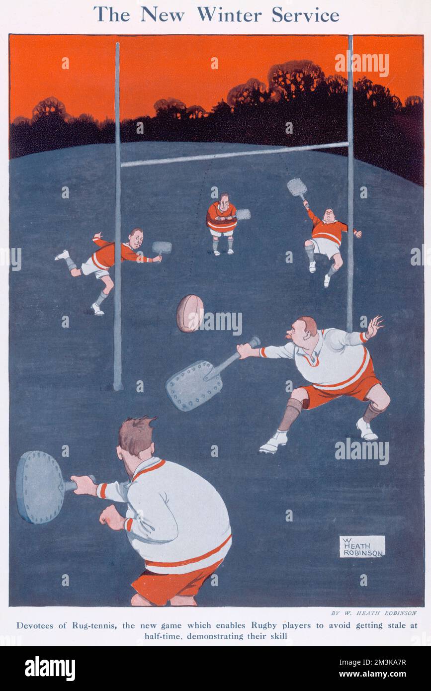 Cartoon, The New Winter Service. Devotees of Rug- Tennis the new game which enables Rugby players to avoid getting stale at half time.    1925 Stock Photo