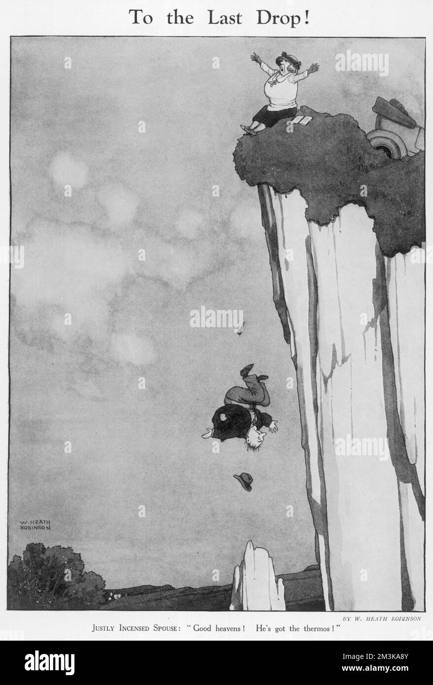 A justly incensed spouse shouts, Good Heavens, he's got the thermos as her husband falls over a cliff.     1927 Stock Photo