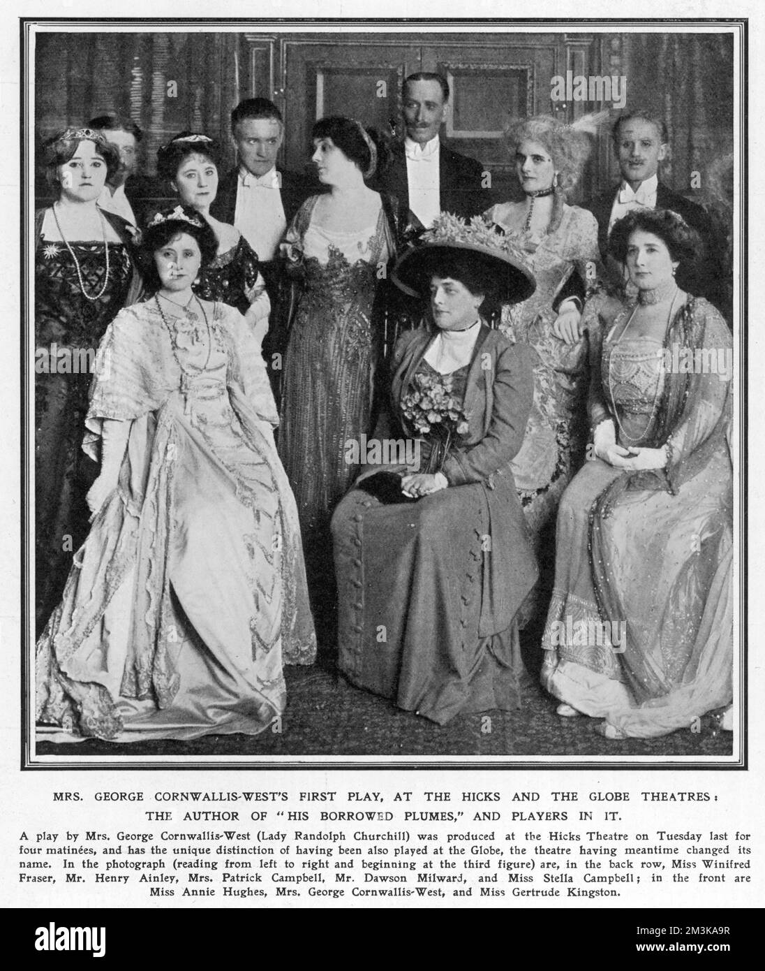 HIS BORROWED PLUMES The cast, with author Mrs  George Cornwallis-West (Lady  Randolph Churchill), seated in  the centre.      Date: 1909 Stock Photo