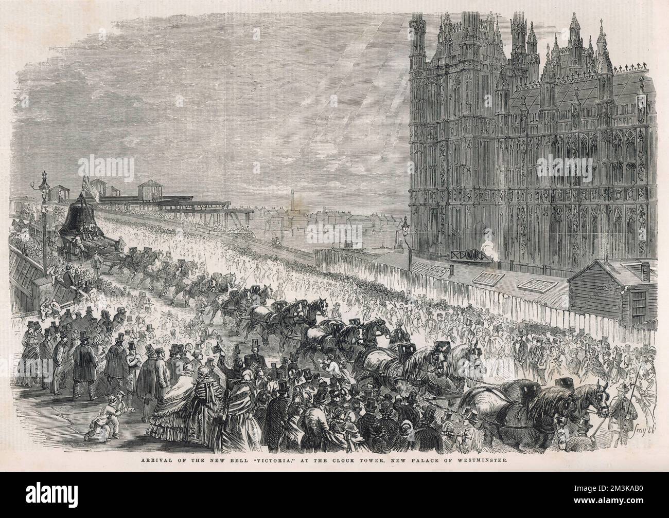 The arrival of the new bell &quot;Victoria&quot; at the clock tower, new Palace of Westminster. The bell is now known as &quot;Big Ben&quot;.   1858 Stock Photo