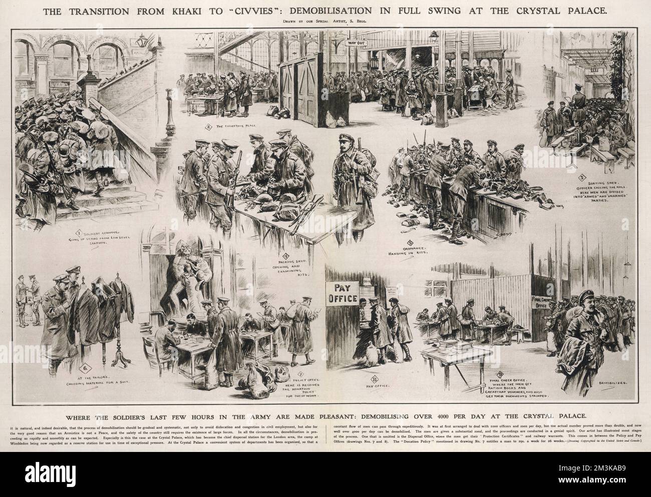 Scenes at Crystal Palace at  the end of the WWI showing  soldiers demobilising at a  rate of over 4000 a day.       Date: 1919 Stock Photo