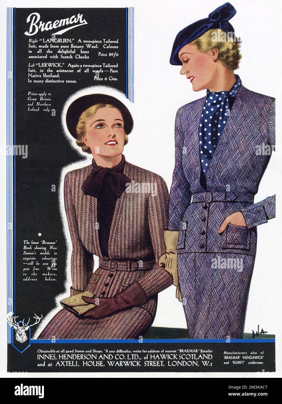 Two women wearing two-piece tailored suits made from wool. Stock Photo