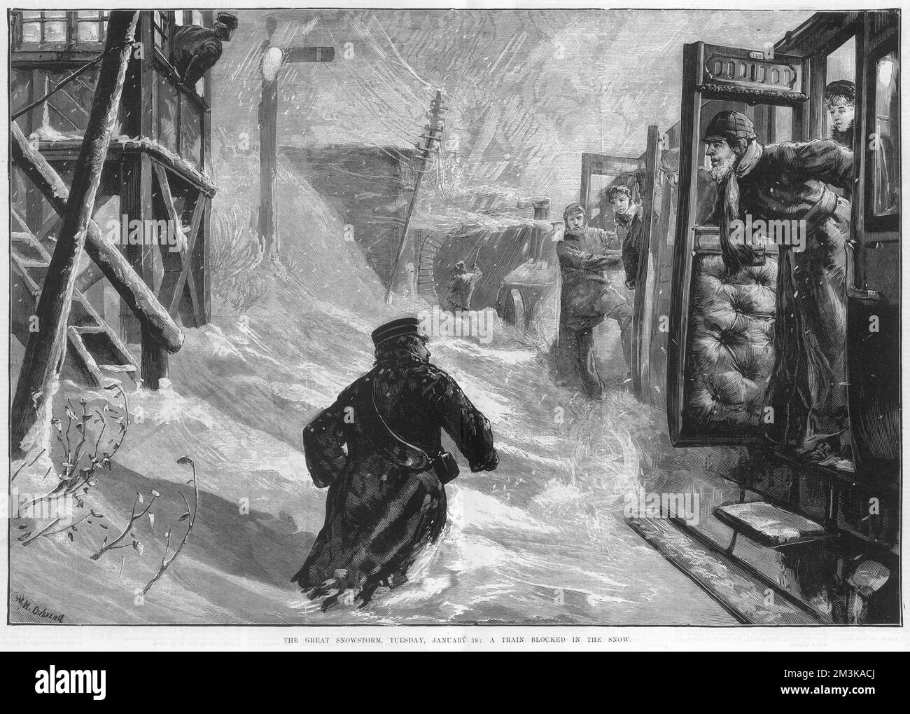 Train passengers discover they  are stuck in the snow during  the storm of Tuesday 18th  January 1881.       Date: January 1881 Stock Photo