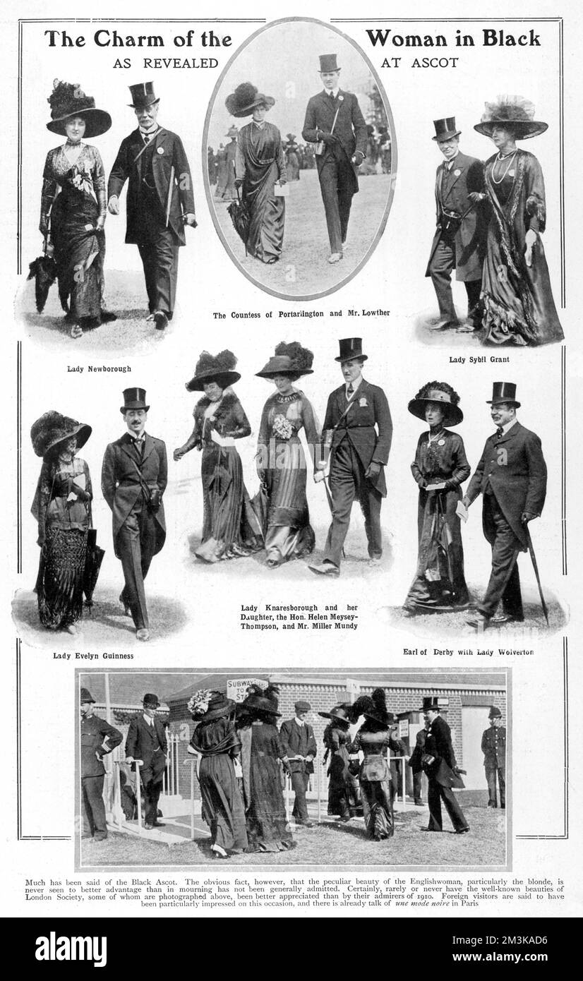 Fashionable race-goers wear black in 1910 in mourning for the death of Edward VII. The figures shown (clockwide from the centre) are Countess of Portarington and Mr. Lowther (shown in the oval frame), Lady Sybil Grant and a gentleman, the Earl of Derby and Lady Wolverton, Lady Knaresborough with her daughter the Hon. Helen Meysey-Thompson and Mr. Miller Mundy, Lady Evelyn Guiness and a gentleman, and Lady Newborough with a gentleman.     Date: June 1910 Stock Photo