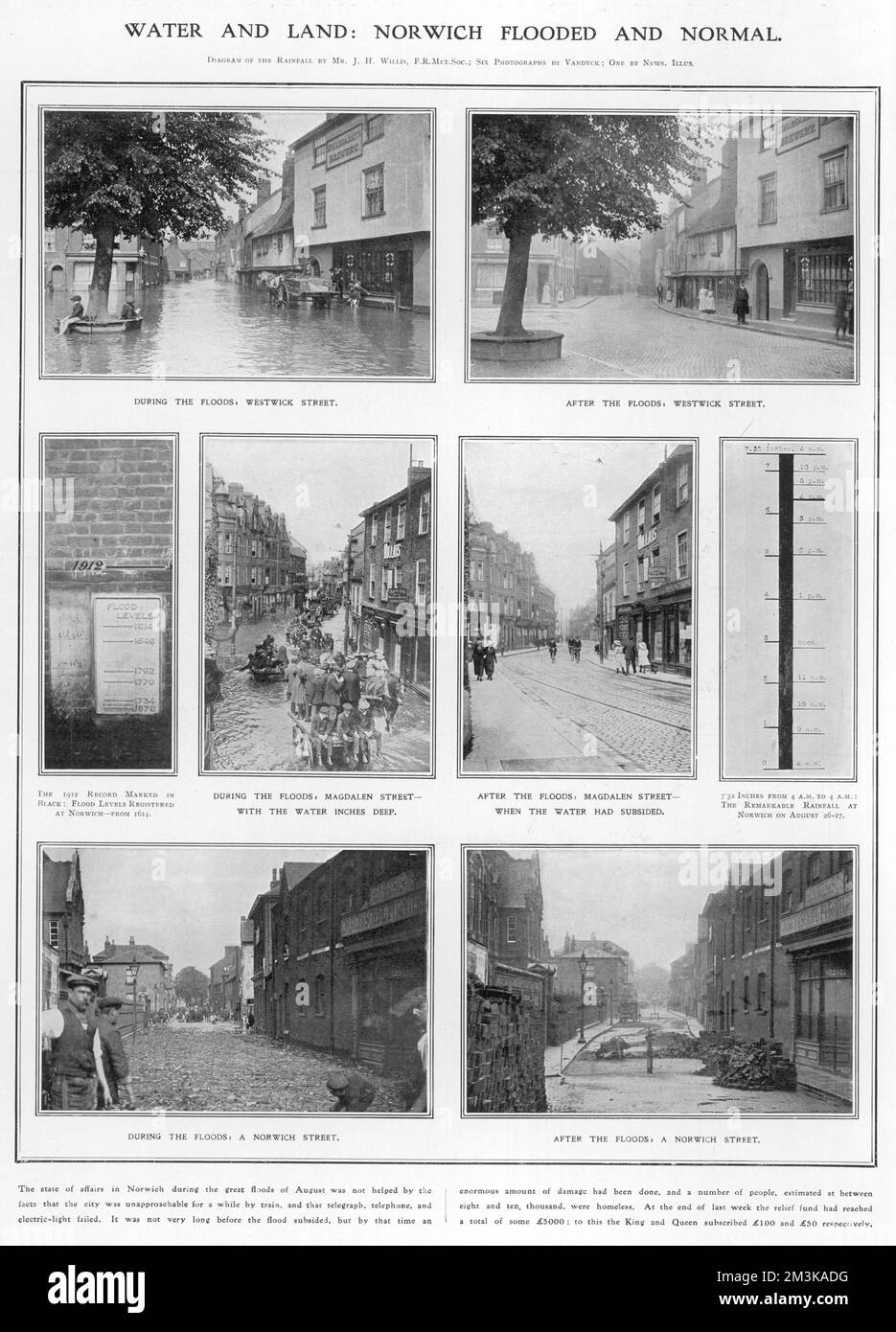 Series of photographs depicting the extent of the flooding in Norwich after heavy rain fall in August 1912.   1912 Stock Photo