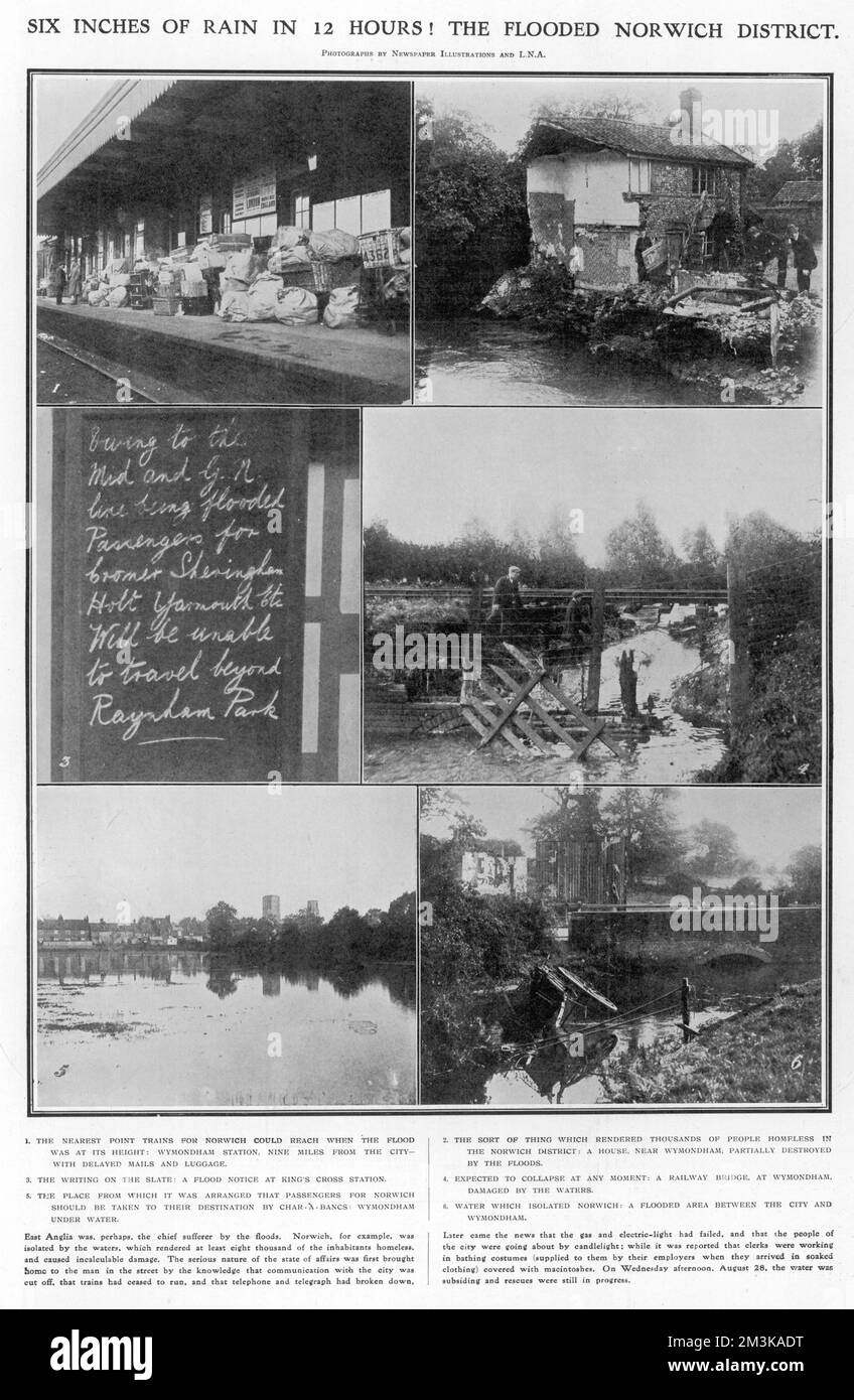 Series of photographs showing the flooded area in Norfolk following excessive rain fall in August 1912. Houses are damaged, train tracks & bridges impassable.  31 August 1912 Stock Photo