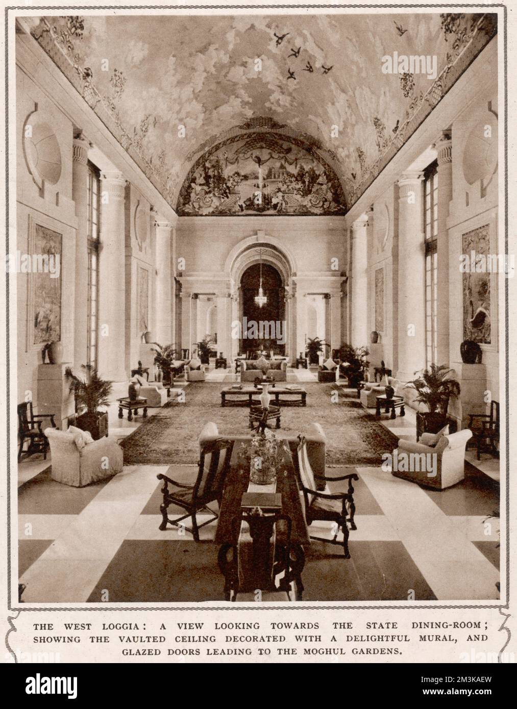 The West Loggia of the Viceroy of India's house in New Delhi, India, with a view looking towards the state dining-room and showing the vaulted ceiling decorated with a delightful mural.  The glazed doors lead to the Moghul Gardens.  1935 Stock Photo