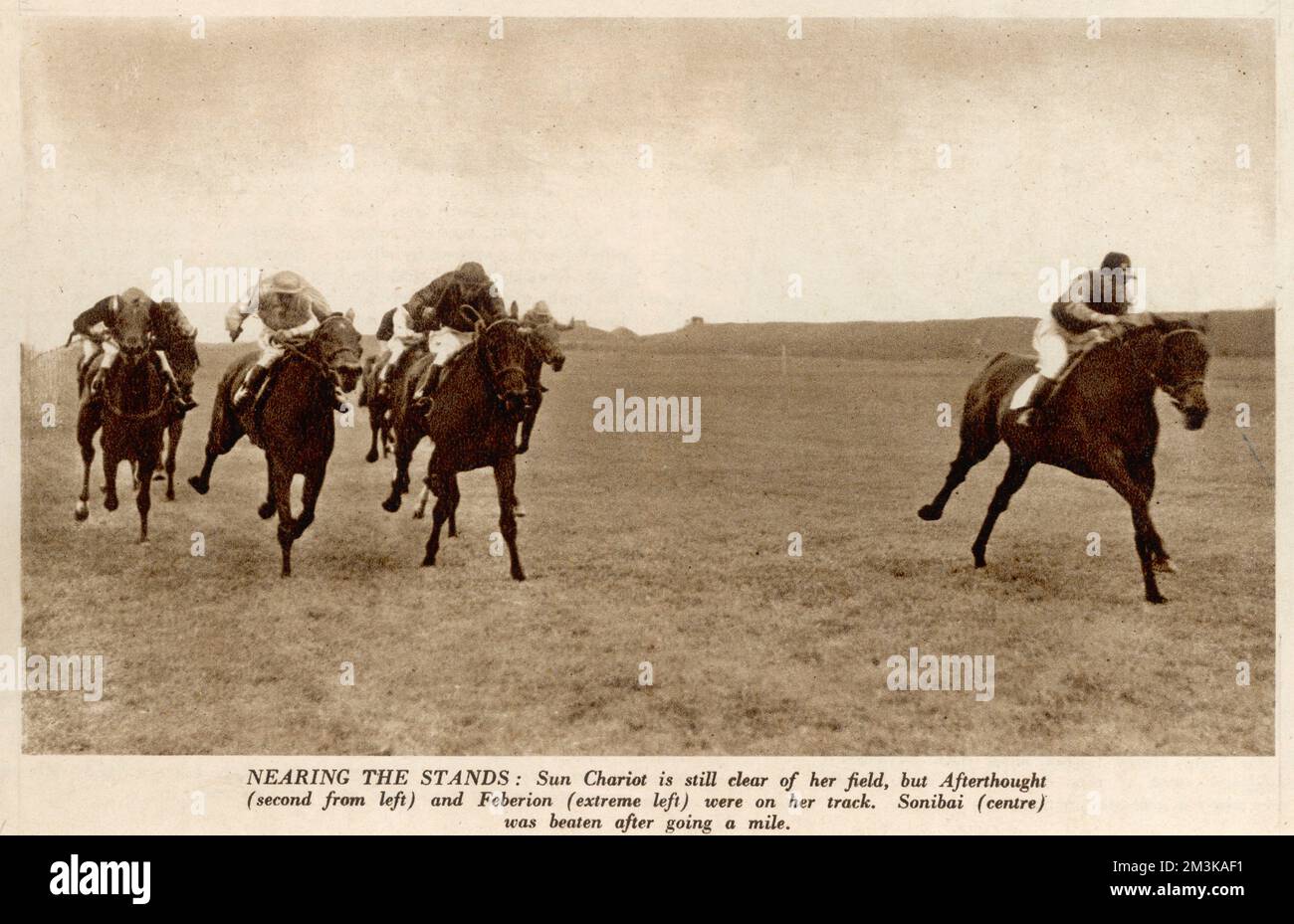 Horse racing at Newmarket during World War II. Nearing the stands, Sun Chariot is still clear of her field but Afterthought (second from left) and Feberion (extreme left) were on her track.  Sonibai (centre) was beaten after going a mile.    1942 Stock Photo