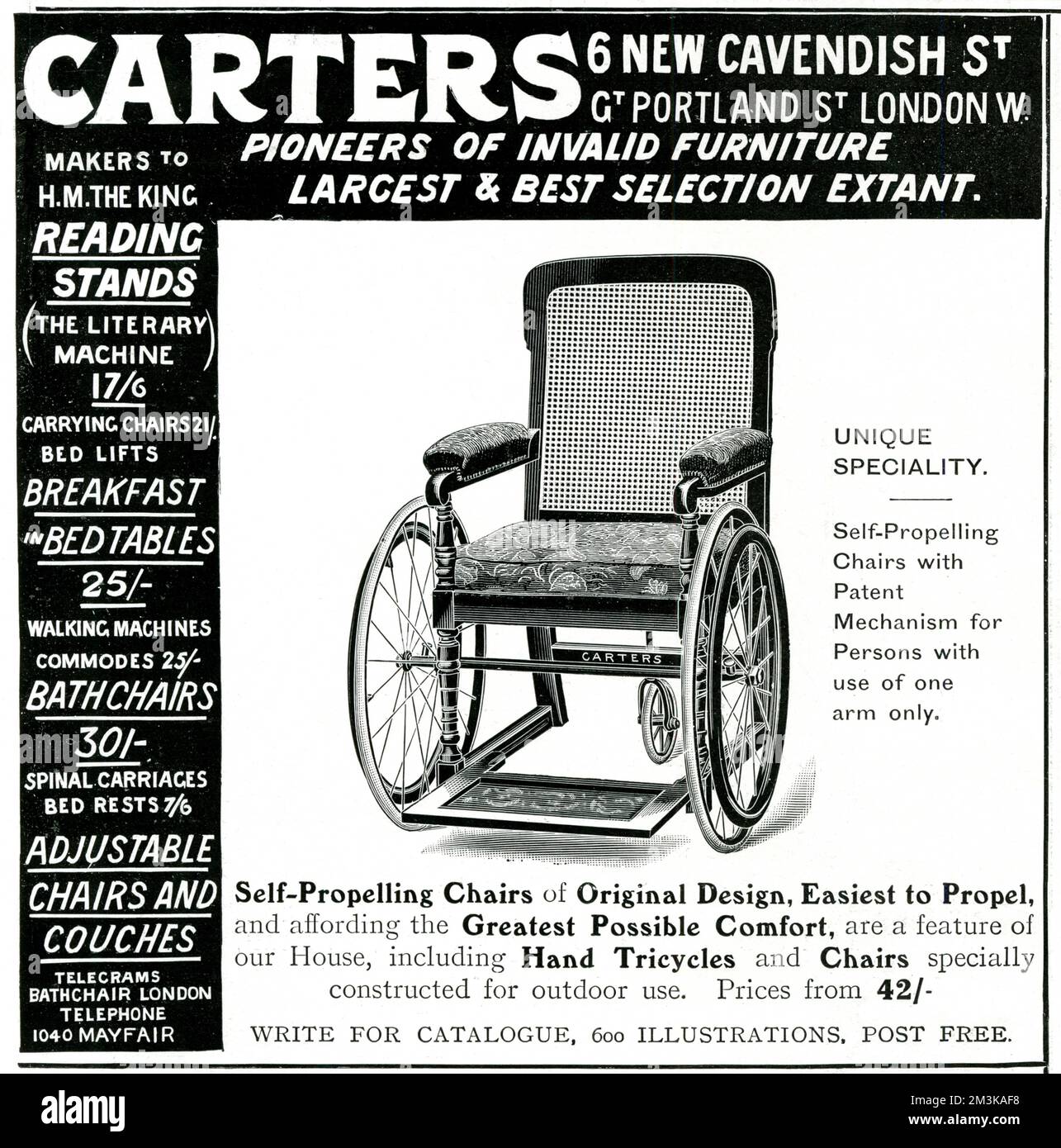 Selfpropelling chair with patent mechanism for persons with use of one arm only. Date 1906