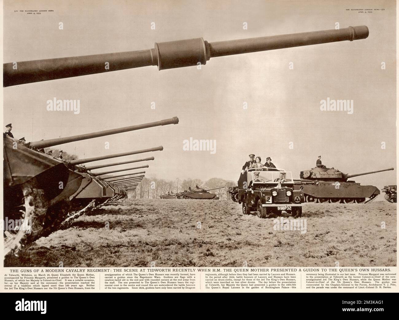 The Queen Mother reviewing tanks at Tidworth in Wiltshire after presenting a guidon to The Queen's Own Hussars, of which she was Colonel-in-Chief.   She is accompanied by Princess Margaret.      Date: 1959 Stock Photo