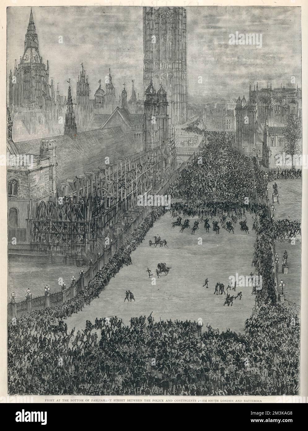 Bloody Sunday, London, 13th November 1887, the name given to a demonstration against coercion in Ireland and to demand the release from prison of MP William O'Brien, who was imprisoned for incitement as a result of an incident in the Irish Land War. The demonstration was organized by the Social Democratic Federation and the Irish National League. A fight between the Police and contingents from South London and Battersea at the bottom of Parliament Street. Stock Photo