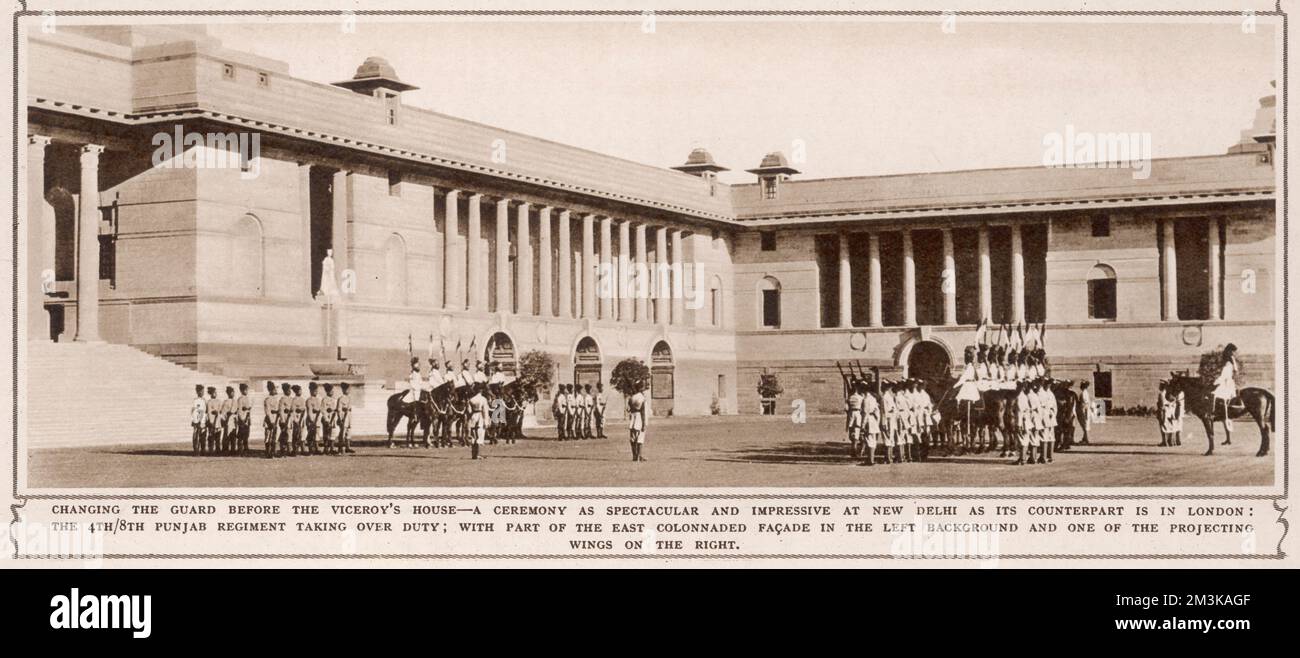 Changing the Guard before the Viceroy's House in New Delhi - a ceremony as spectacular and impressive at New Delhi as its counterpart in London.  Here, the 4th/8th Punjab regiment is seen taking over duty with the east colonnaded facade in the left background and one of the projecting wings on the right.  The magnificent house was designed by Sir Edwin Lutyens.  1935 Stock Photo