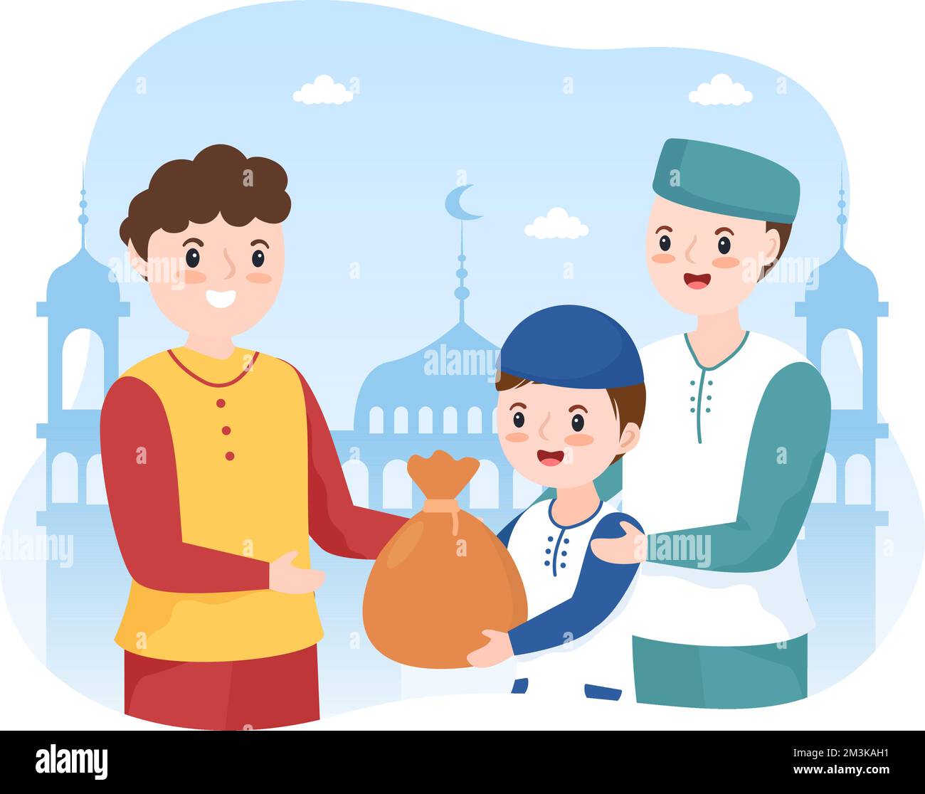Muslim Kids Giving Alms, Zakat or Infaq Donation to a Person Who Need it in Flat Cartoon Poster Hand Drawn Templates Illustration Stock Vector