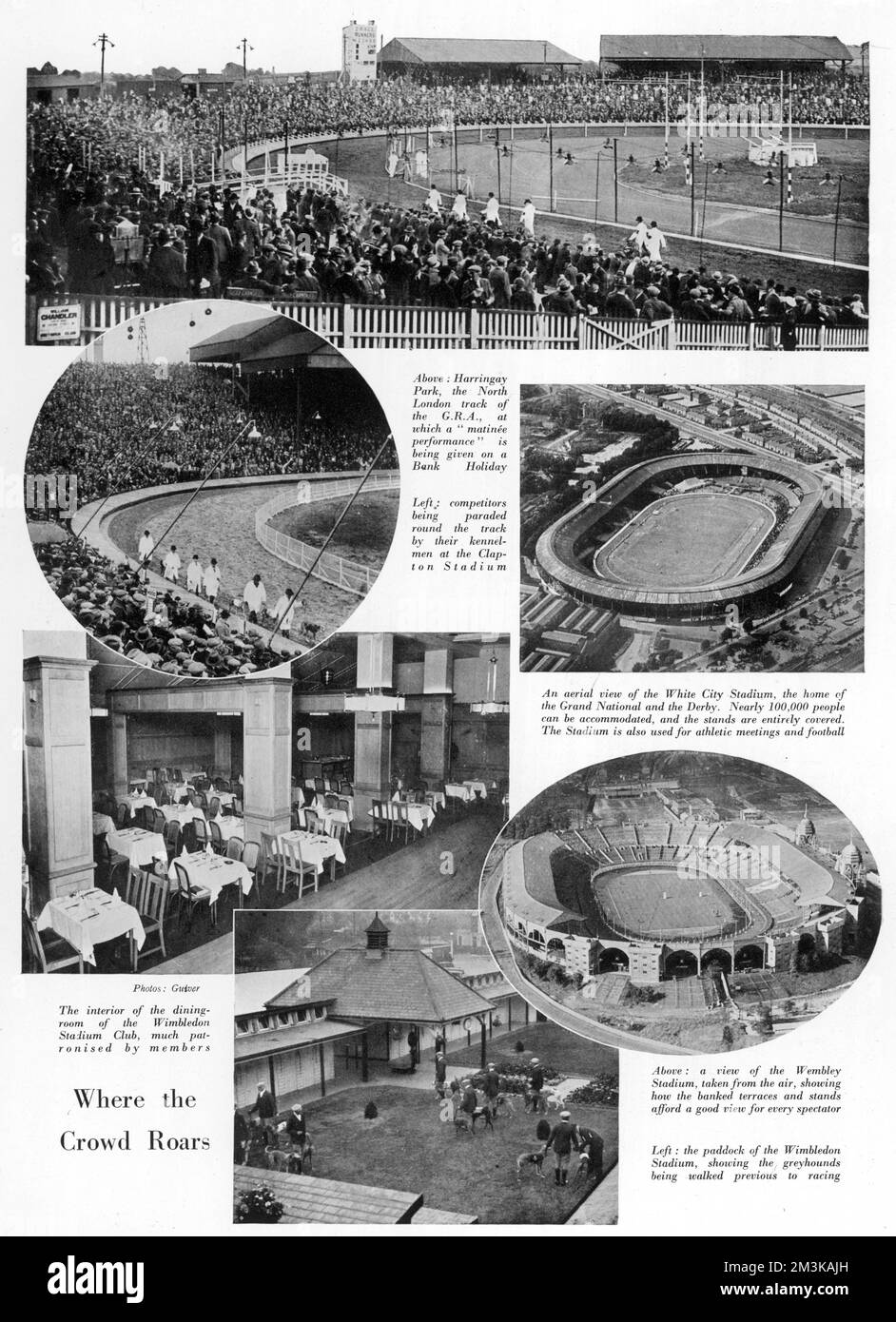 Page from the Bystander's Greyhound Racing Number showing views of various greyhound tracks and stadiums mushrooming around the country during the 1920s and 30s.  At top is Harringey, left top is Clapton, while an aerial view of White City (top) and Wembley (bottom) are on the right.  On the left at the bottom is the dining room at Wimbledon Stadium and the paddock where the greyhounds are walked prior to racing.  19 April 1933 Stock Photo