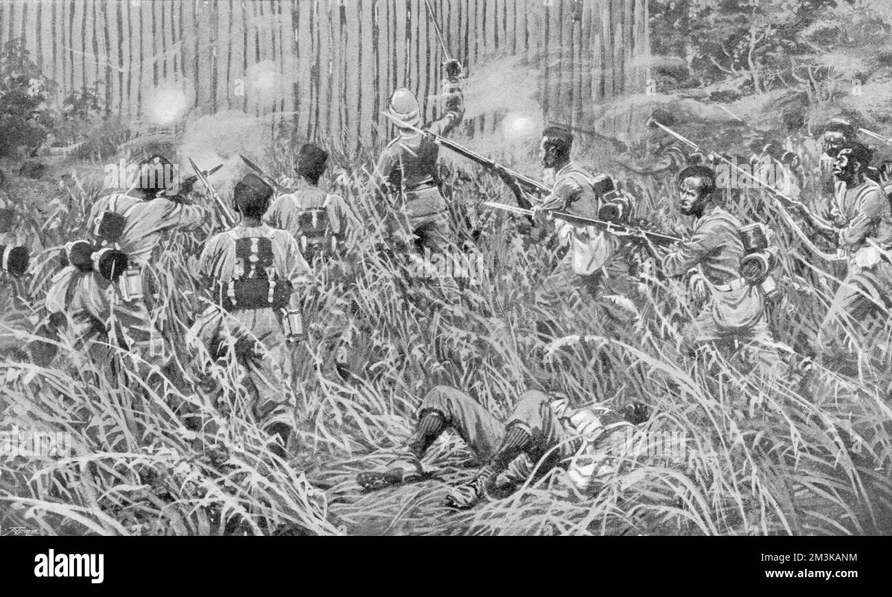 A scene in Sierra Leone, West Africa during the Mendi expedition showing troops of the 3rd Battalion, West India Regiment rushing the stockade at Bongeh.      1898 Stock Photo