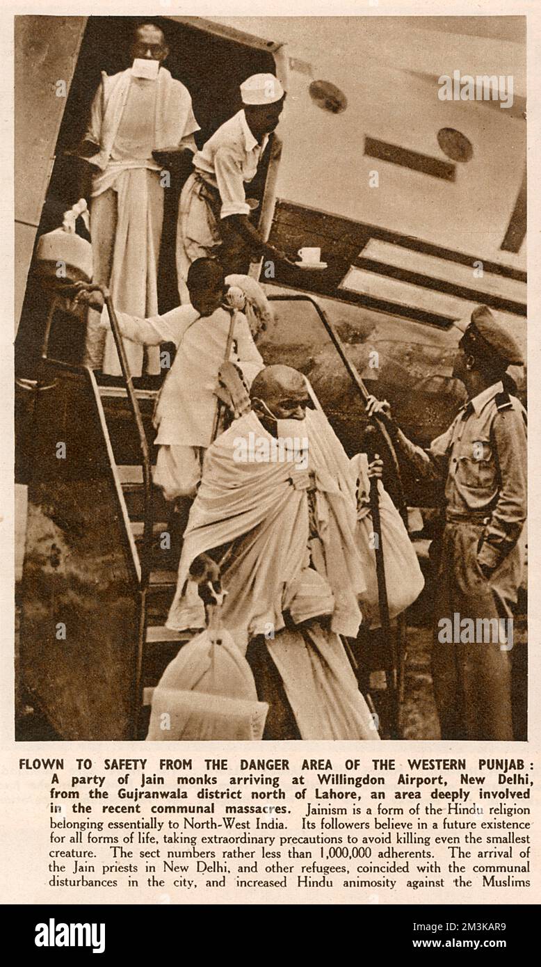 Victims of the violence sweeping through India following Partition in 1947 - Jain monks arrive at Willingdon airport, New Delhi from the Gujranwala district north of Lahore in Western Punjab (Pakistan), an area deeply involved in the communal massacres.  1947 Stock Photo