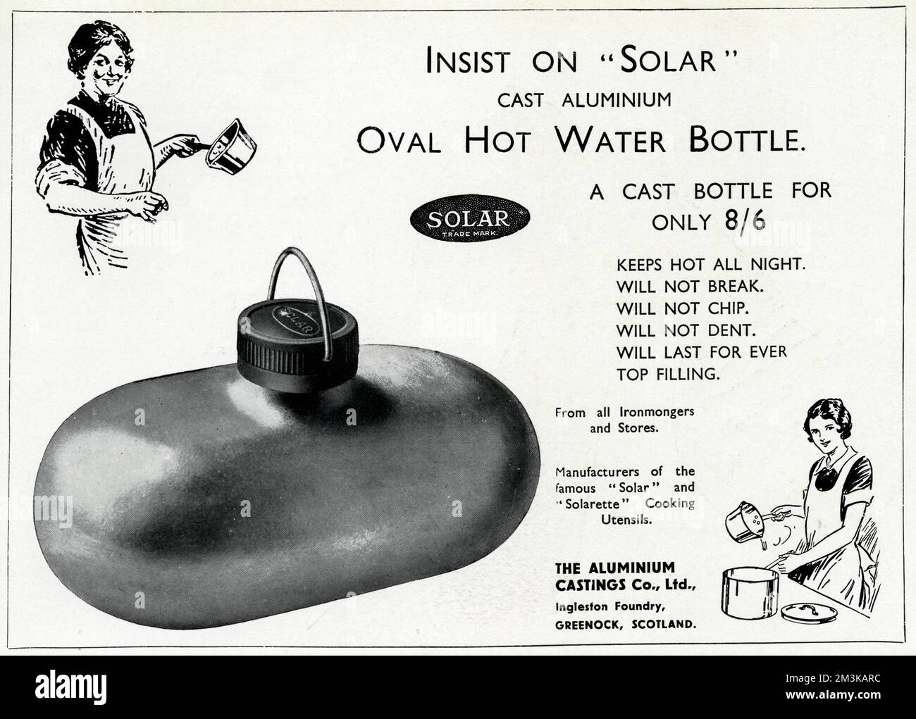 Insist on 'solar' cast aluminium oval hot water bottle.  Keeps hot all night.  Will not break.  Will not chip.  Will not dent.  Will last for ever.  Top filling.  1933 Stock Photo