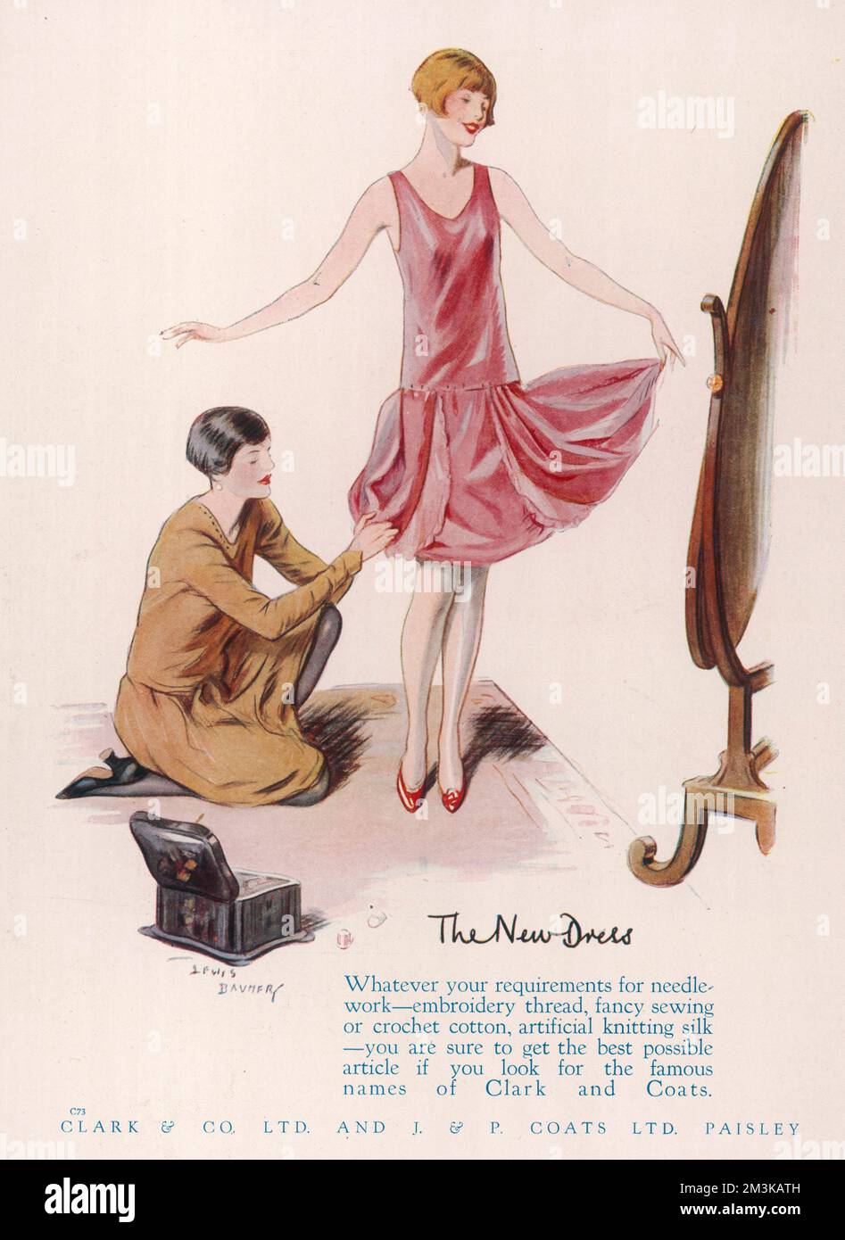 Advertisement for Clark &amp; Co and J &amp; P Coats, manufacturers of silks and cottons for dressmaking, showing a young woman admiring herself and her new pink party dress in a cheval mirror while her dressmaker adjusts the (terribly short) hem.  1929 Stock Photo