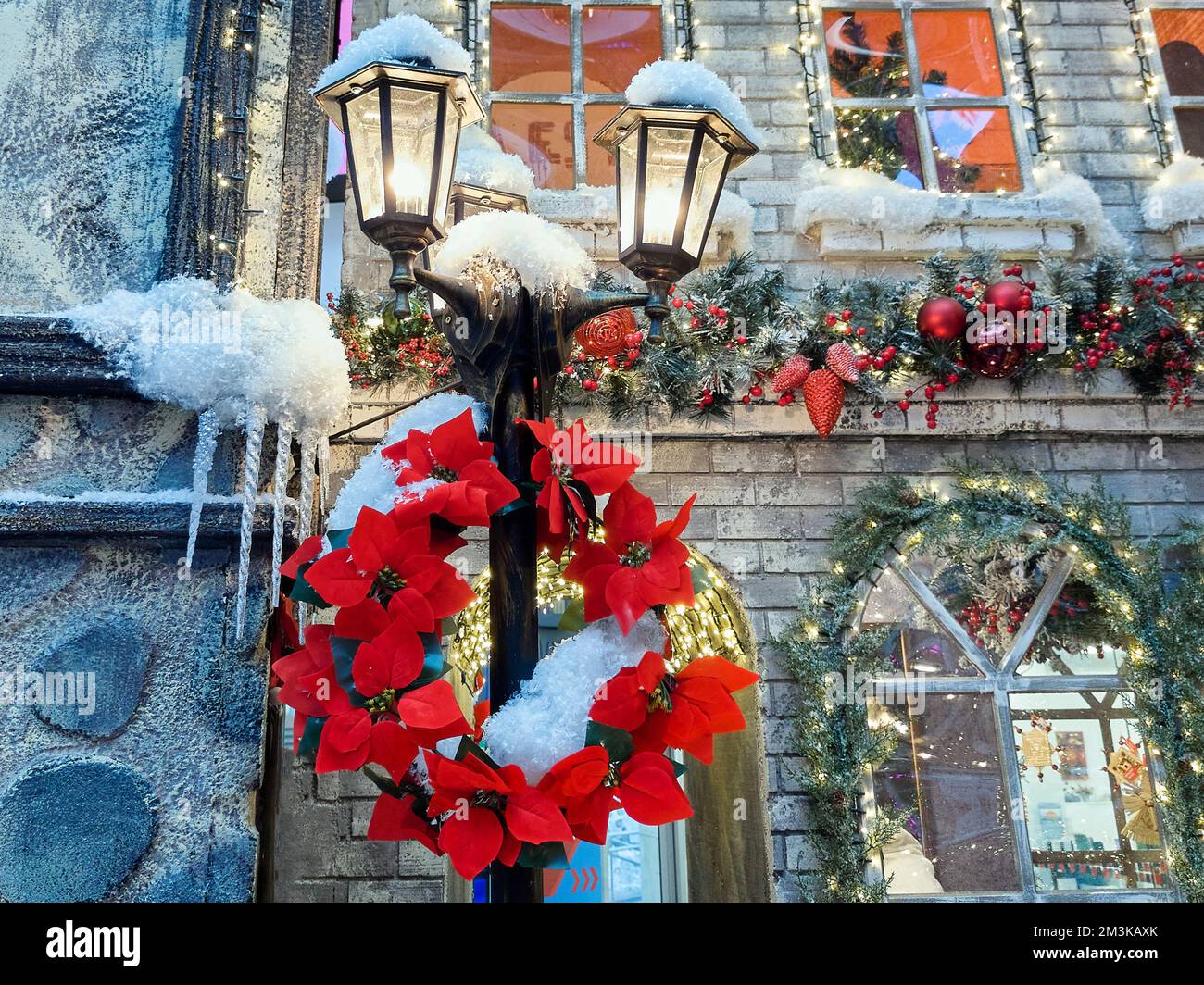 new Year's garland on the lamppost of the winter city Stock Photo Alamy