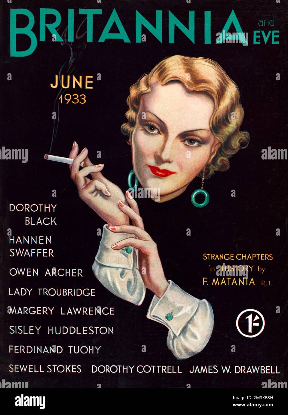 Front cover illustration featuring a sophisticated looking woman holding a cigarette in her elegant hands.     Date: June 1933 Stock Photo
