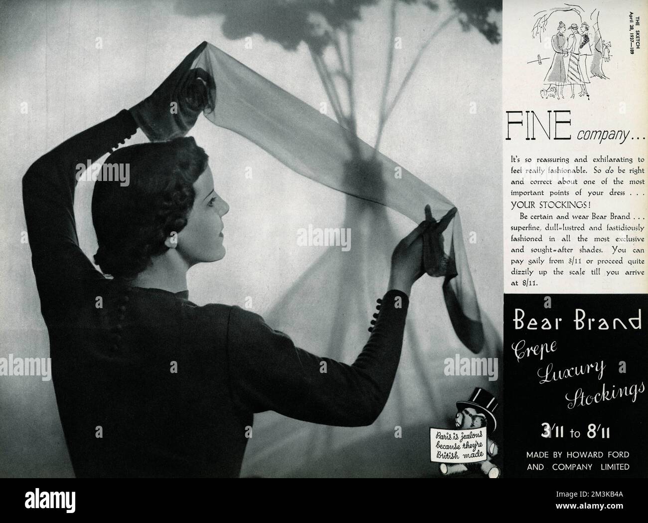 Bear Brand crepe luxury stockings.  Fine company. . . Be certain and wear Bear Brand. . . superfine, dull-lusted and fastidiously fashioned in all the most exclusive and sought after shades.  1937 Stock Photo