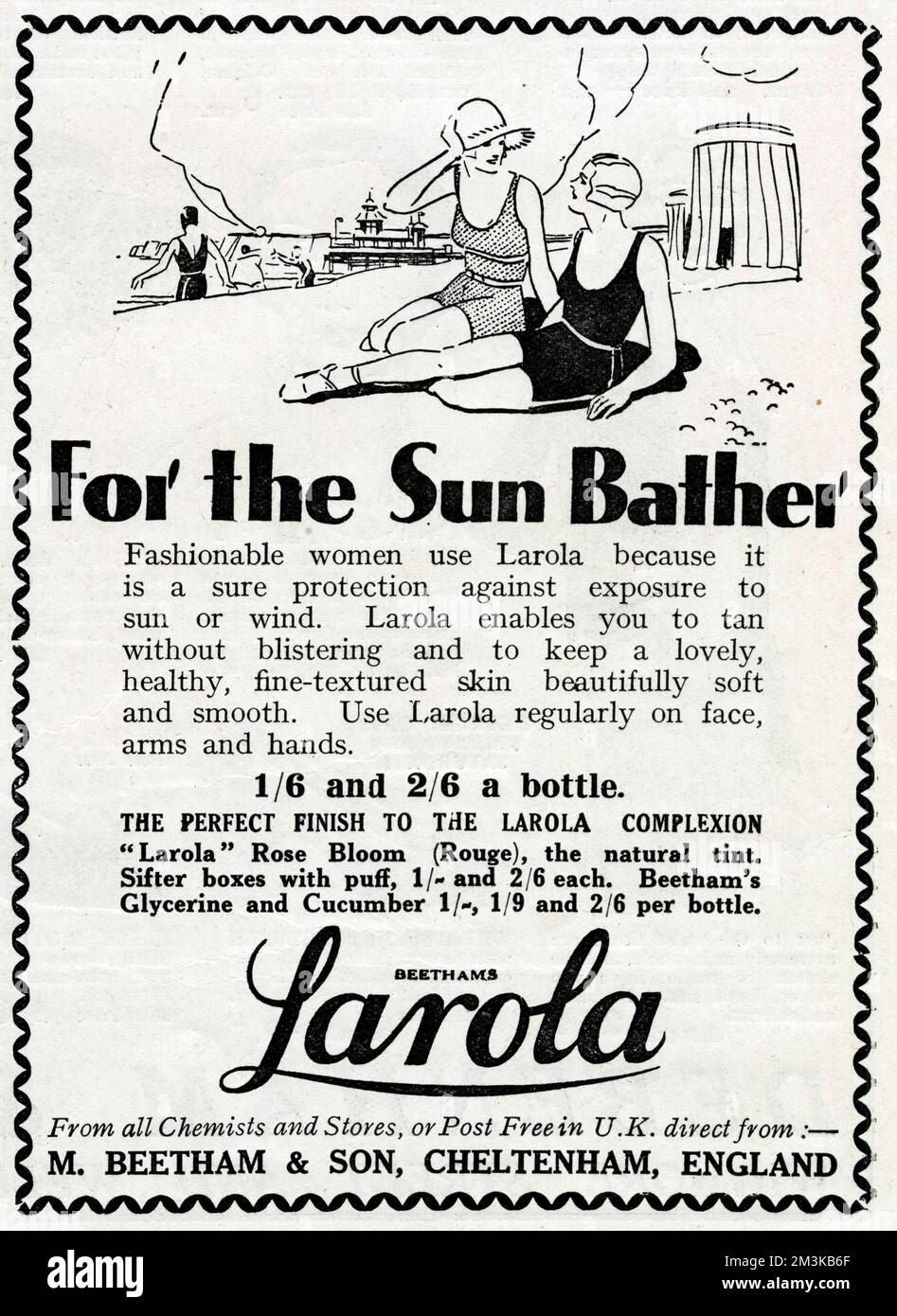 'For the sun bather' Fashionable women use Larola because it is a sure protection against exposure to sun or wind.  Larola enables you to tan without blistering and keep a lovely, healthy, fine-textured skin beautifully soft and smooth.     Date: 1931 Stock Photo