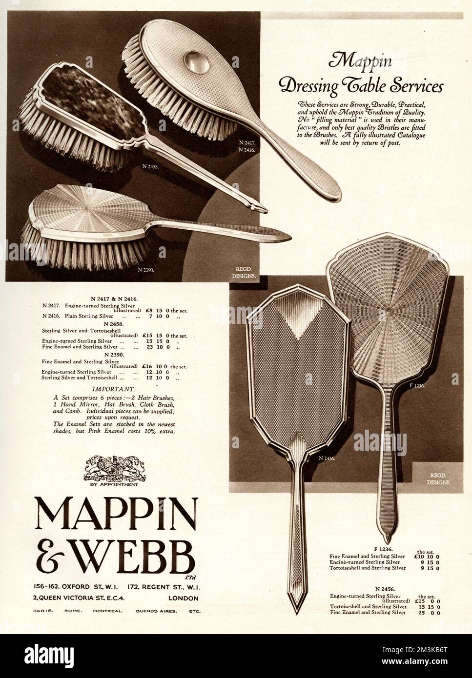 Mappin &amp; Webbs dressing table services: a choice of fine enamel or tortoiseshell and sterling silver brushes and mirrors and brushes are only fitted with the best bristles.  1930 Stock Photo